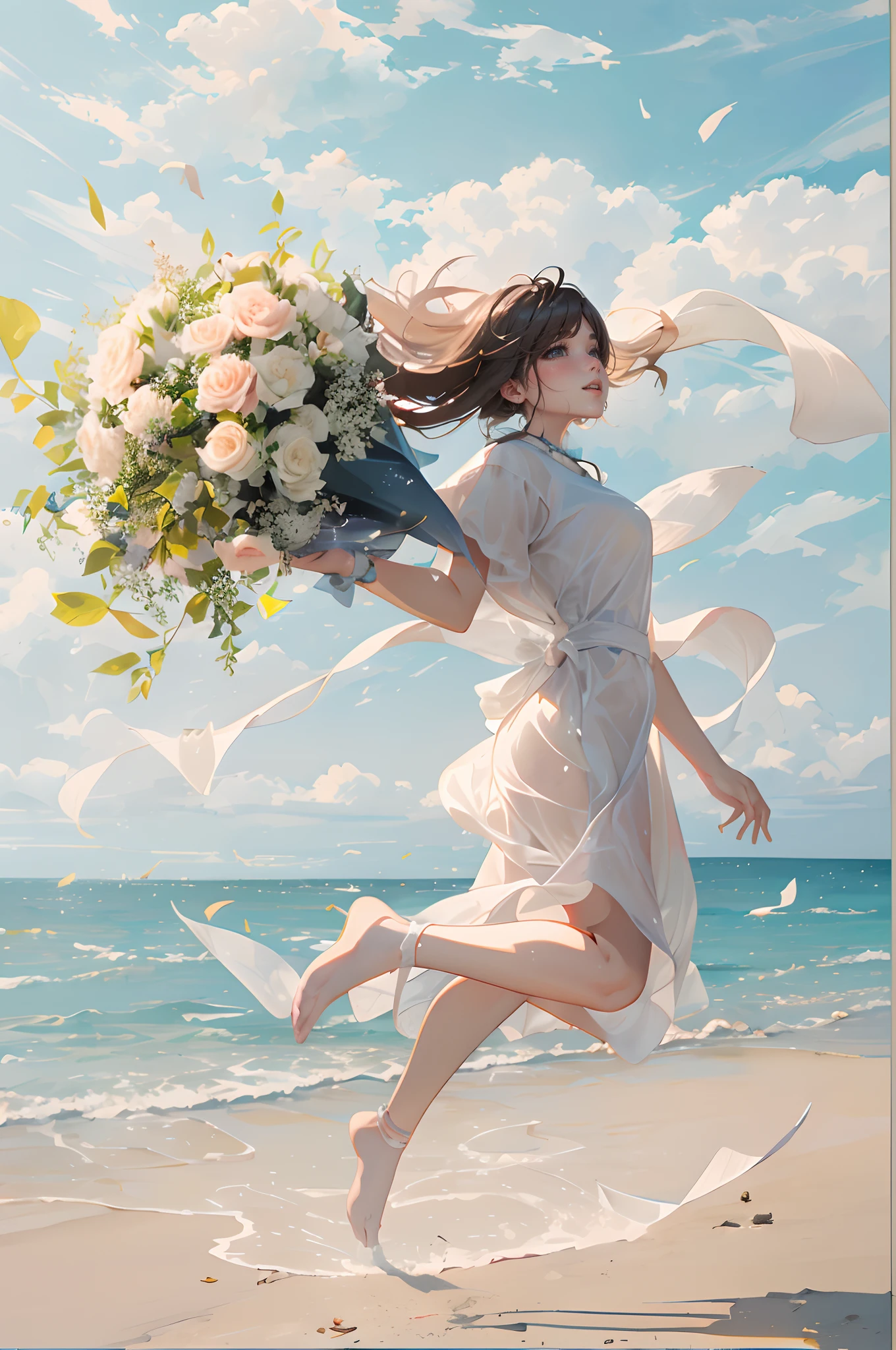 A woman grabs a bouquet falling from the sky while running or jumping. Bright blue sea stretches to the horizon in the background. She is grabbing a bouquet with vigor and joy. Artistic shooting angle.effect///Fluffy pastel colors.fine brushes,(XF 35mm f1 squeaky squeak.4 R,F1.4,Maximum aperture (E.G. In the photo),become blunt:1.5) Rough, detailed watercolour, soft and fantastic, pastel, Fluffy, (extremely fine and beautiful), (Perfect Detail)、(pastel color),Soft texture:1.2.(masutepiece, Best Quality), (finely detailed beautiful eye), (finely detailed eyes and detailed face),The tones are also visibly luminous.Pale blurred contours,Unobtrusive lighting, moody atmosphere,subtle highlights