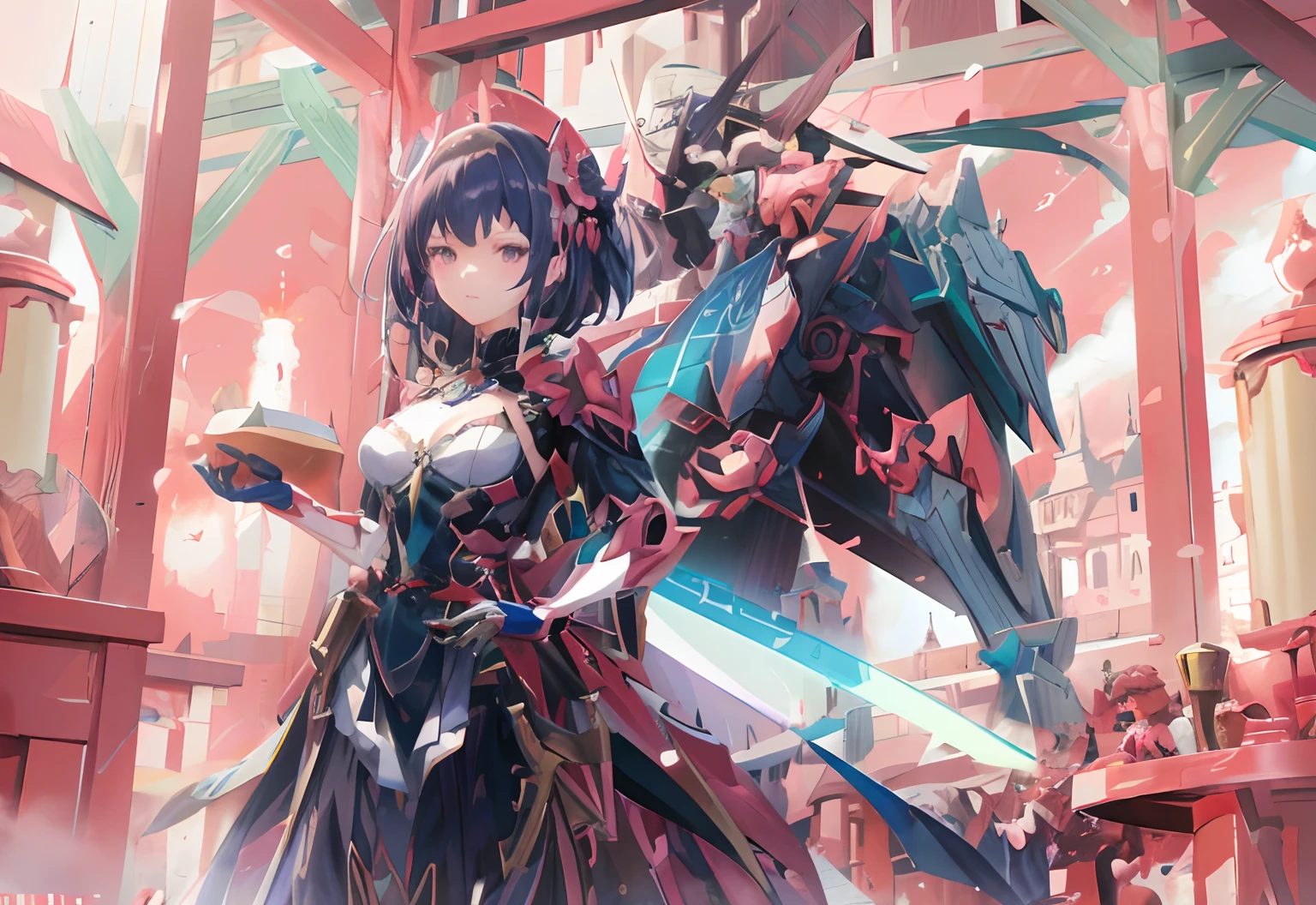 anime - style image of a woman in a dress with a sword, Best anime 4k konachan wallpaper, mecha asthetic, ethereal and mecha theme, trending on artstation pixiv, high detailed official artwork, krenz cushart and wenjun lin, Anime art wallpaper 4k, Anime art wallpaper 4 K, WLOP and Sakimichan