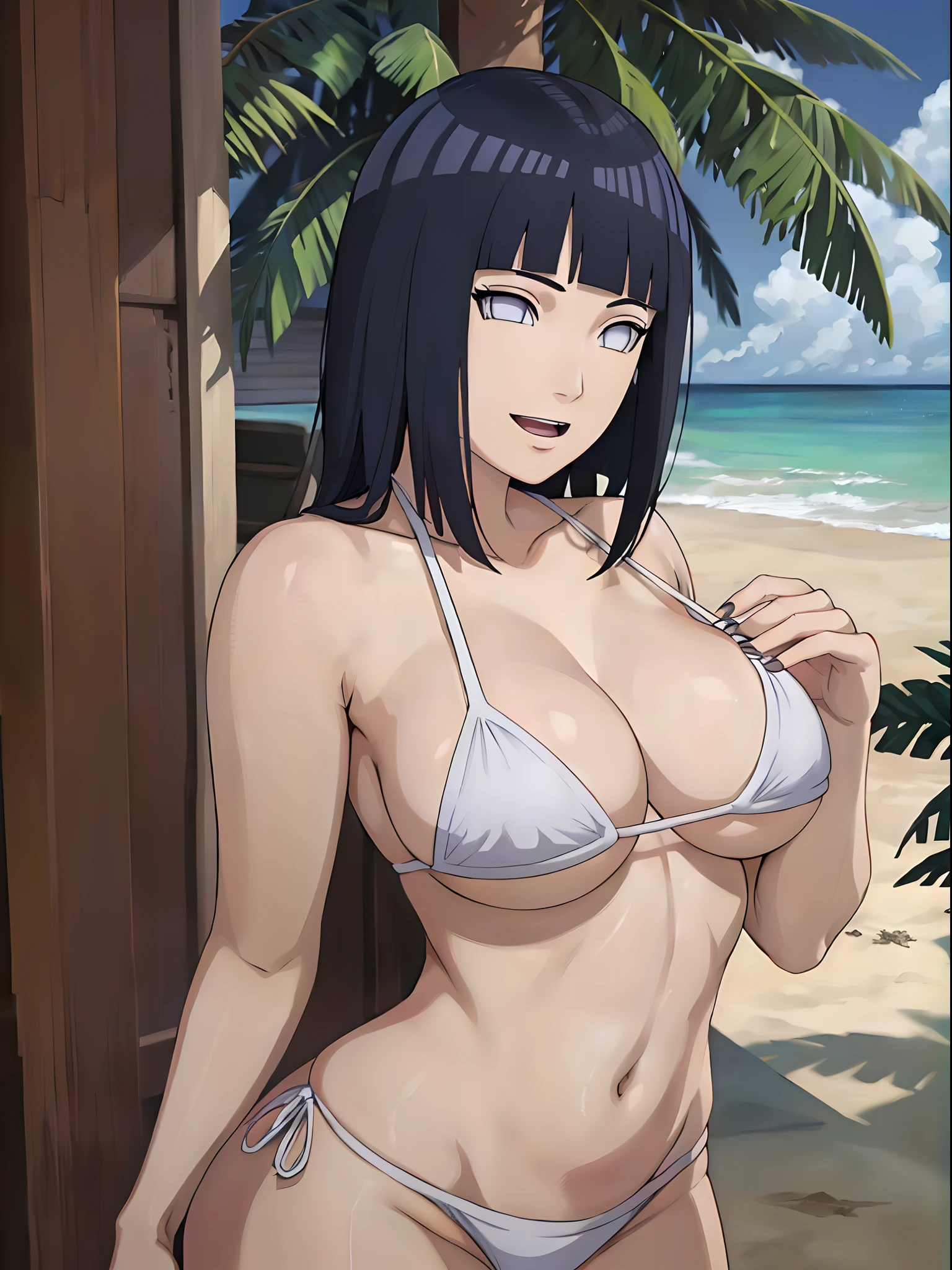 (masterpiece, 1k, anime style:1.9, (detailed beach background, big breasts, big boobs, open mouth, high color saturation, bold lines, bold drawing lines, (strong arms, flat belly, groin, hands behind back), detailed bold arm lines), strong arms, strong light on body, plain, bare body, (large breasts, perky boobs), minimum clothing, taking off shirt, bare shoulders, bare chest, polished nails, seductive, very tight pure white micro bikini, no shirt, showing off), hinata\(boruto\), mature female, sunbathing, milf, (curvy:0.8), solo, (long hair, hime cut, wavy hair), (dark blue hair color:1.1), white, flat belly, perfect eyes, white sciera, white eyes, anime eyes, smoky eyeliner, eyeshadow, perfect face, shy, sharp focus, professional artwork, intricate details, colorful, vibrant colors, vivid colors, digital blending, ultra detailed body, ultra detail hair, ultra detail face, trending on pixiv, smile, happy, very hot colors, sunny day, outdoor,