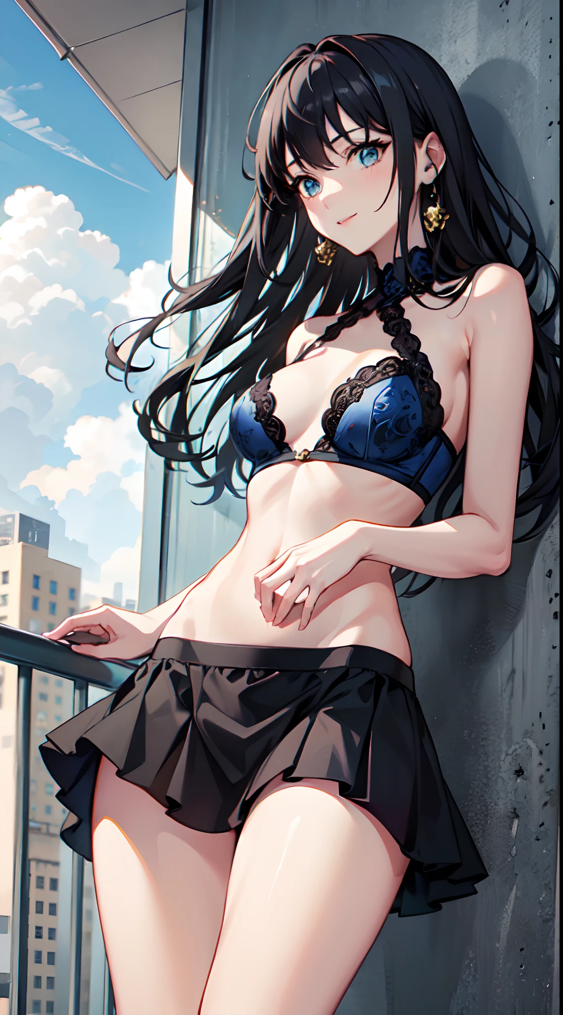 black hair, long hair, blue eyes, green gown, short skirt, slim legs, navel, balcony, happy