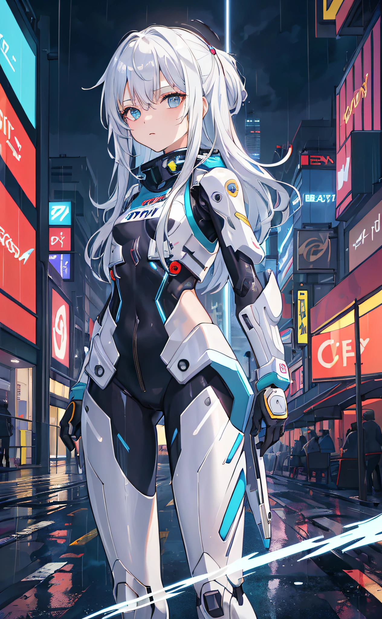 ((masterpiece:1.4, best quality))+, (ultra detailed)+,
1 girl,cyberpunk city,flat chest,wavy hair,mecha clothes,(robot girl),cool movement,silver bodysuit,colorful background,rainy days,(lightning effect),silver dragon armour,(cold face),cowboy shot,