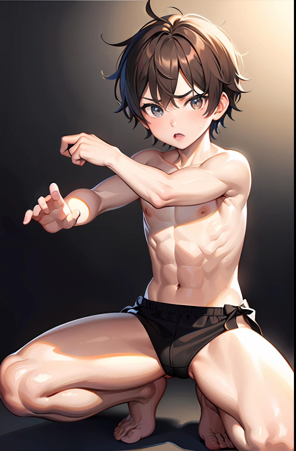masterpiece, best quality, high quality, 1boy,, male focus, full body, looking at viewer, brown hair,spiky hairstyle, short hair, steam smork, japan style, anime coloring, shy, home muji style, detailed face, topless, white towel on waist, pose boxing fighter