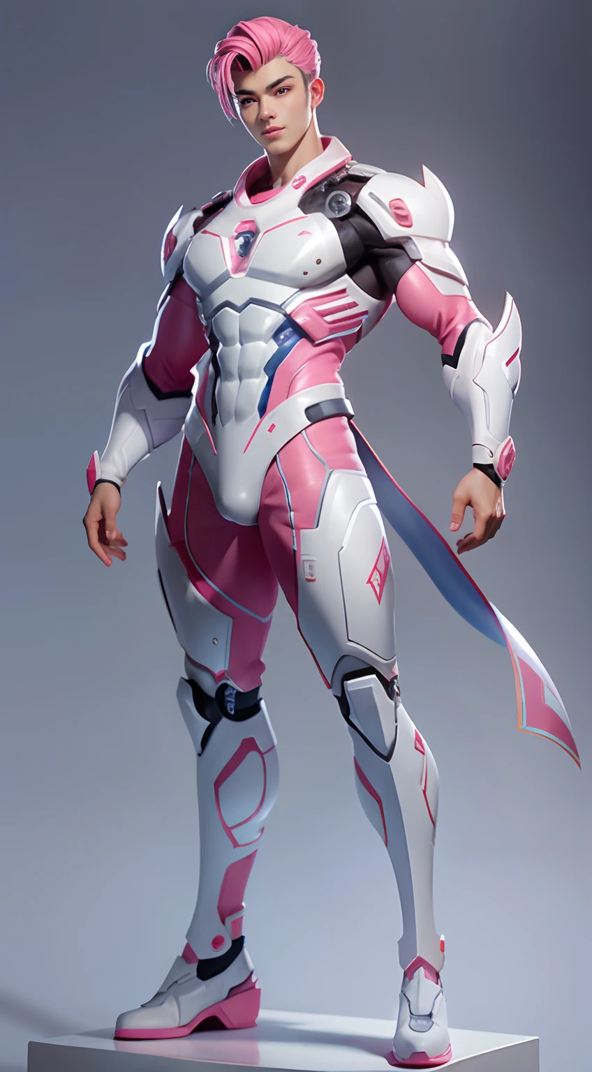 Sculpture design,Figures,GK model,The whole body of the character,decor,Expose muscles,(Exquisite base),Koo Tianle,lovely boy,White and pink with blue clothes,Handsome cybernetic boy looking at camera lingerie detailed muscular reality masterpiece,musculous