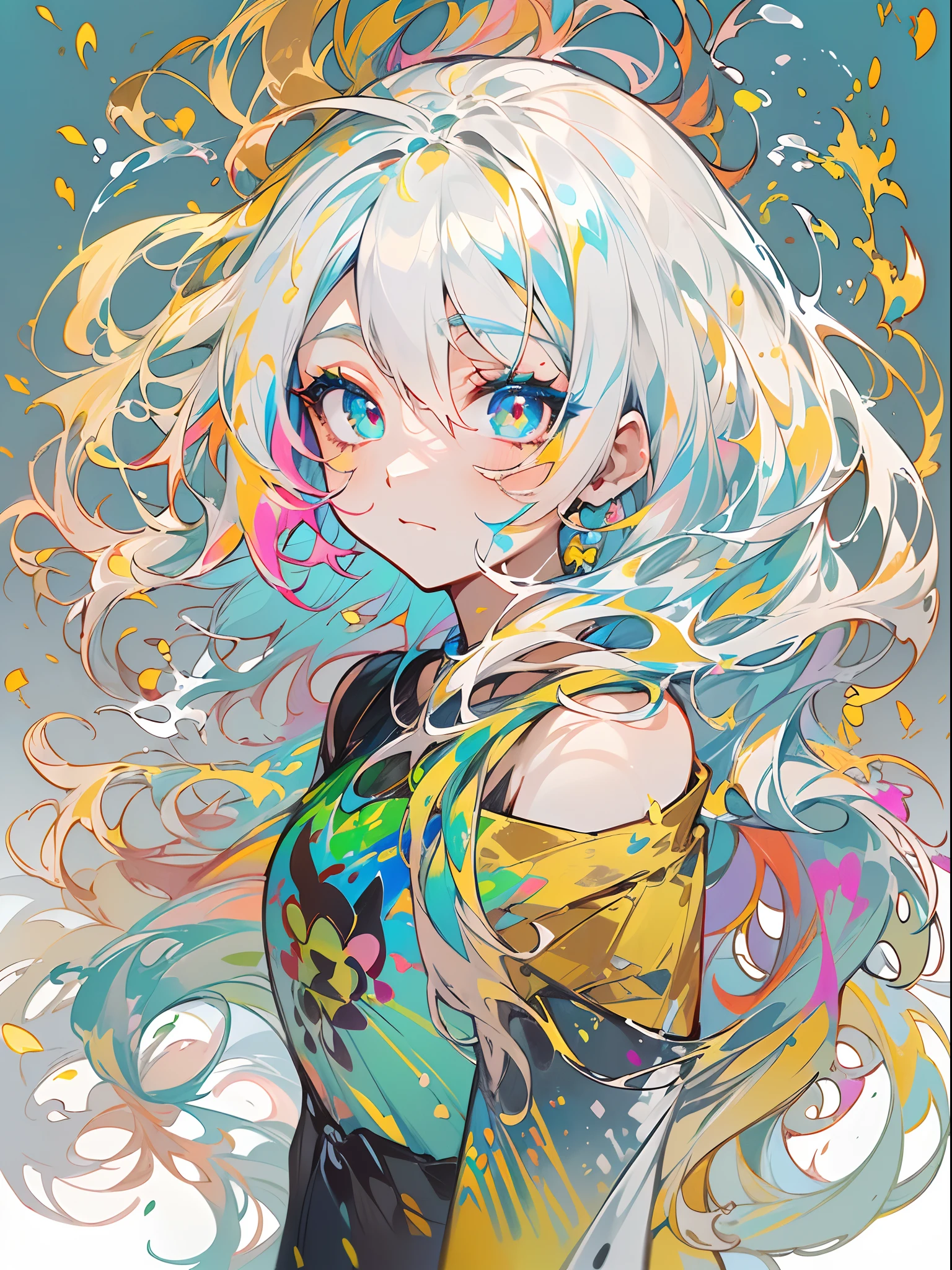 (Colorful hair: 1.8), (all the colours of the rainbow: 1.8),(((((Vertical Painting:1.6))), (Painting:1.6),front, comics, Illustrations, Painterly, Large eyes, Crystal clear eyes,( rainbow color gradient high ponytail:1.7), Exquisite makeup, Closed mouth,(Small fresh: 1.5),(Wipe Chest: 1.6) ,long eyelashes, white off shoulder T-shirt, White shoulder shirt,gaze at the audience, Large watery eyes, (rainbow-colored hair:1.6), Color splash, (Solo:1.8), Color splash, Color explosion, Thick paint style, Messy lines, ((Shining)),(Colorful), (Colorful), (Colorful), Colorful, Thick paint style, (Splash) (Color splash), Vertical Painting, Upper body, Paint splashes, Acrylic Pigment, gradient, paint, Highest image quality, Highest Quality, masutepiece, Solo, depth of fields, Face Paint, colourful clothes, (Elegant: 1.2), Gorgeous,Long hair, Wind, (Elegant: 1.3), (flower petals: 1.4),(((masutepiece))),(((Best Quality))),((Ultra-detailed)),(Illustration),(Dynamic Angle),((floating)),(paint),((disheveled hair)),(Solo),(1girl in) , (((Detailed anima face))),((beautifull detailed face)),Collar,Bare shoulders,White hair, ((Colorful hair)),((striated hair)),Beautiful detailed eyes,(Gradient color eyes),(((Colorful eyes))),(((Colorful background))),(((High color saturation))),(((Surrounded by colorful splashes))),