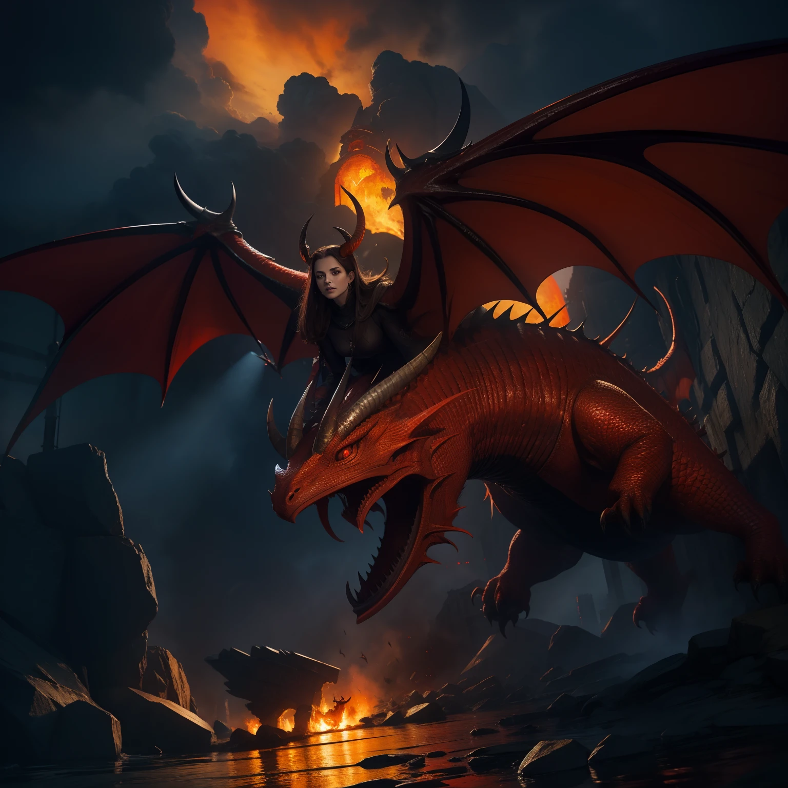 red dragon, wings, horns, orange eyes, medieval background