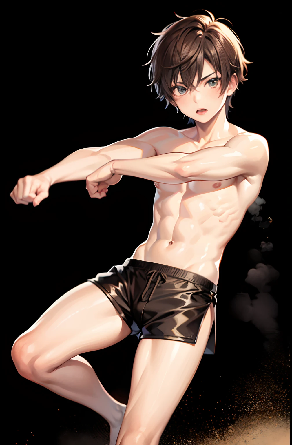 masterpiece, best quality, high quality, 1boy,, male focus, full body, looking at viewer, brown hair,spiky hairstyle, short hair, steam smork, japan style, anime coloring, shy, home muji style, detailed face, topless, white towel on waist, pose boxing fighter