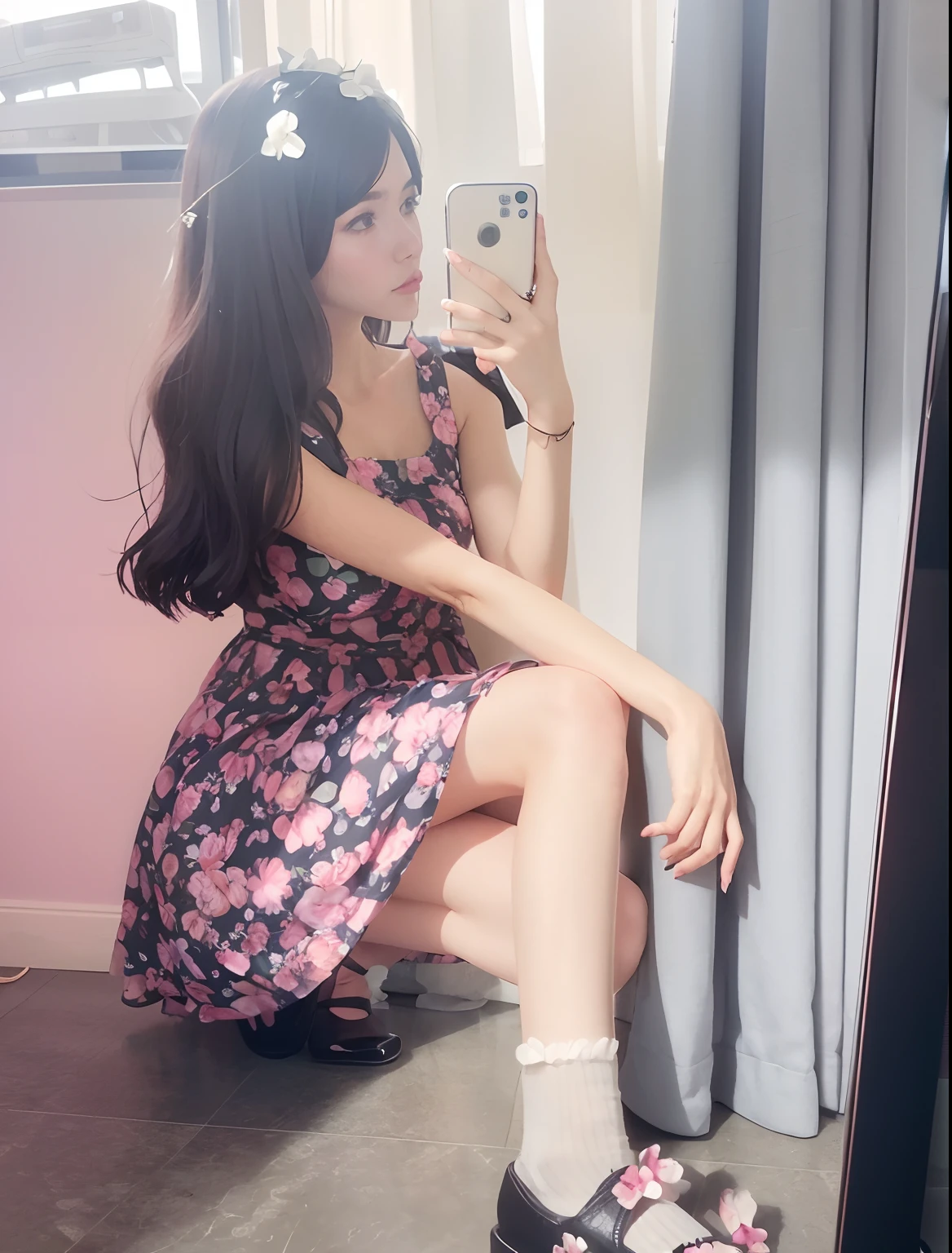 there is a woman sitting on a floor taking a picture of herself,  in dress, dressed in a flower dress, taken with canon eos 5 d mark iv, Flower dress, Shot on Canon EOS R 6, full bodyesbian! Pretty face, belle delphine, Full body picture, Attractive pose, ulzzangs, wearing pink floral gown, low quality photo