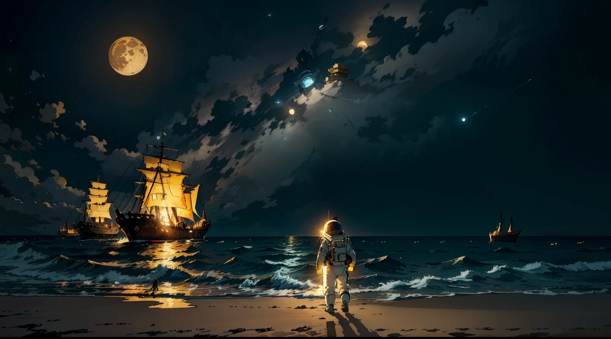 Astronaut in intricate spacesuit is walking on the beach with a single yellow full moon behind him, Starless night sky, Big machine floating in the sky, full moon, The ruins of a ship in the sand, Masterpiece, Wide viewing angle, Award-Standing, Best Quality.