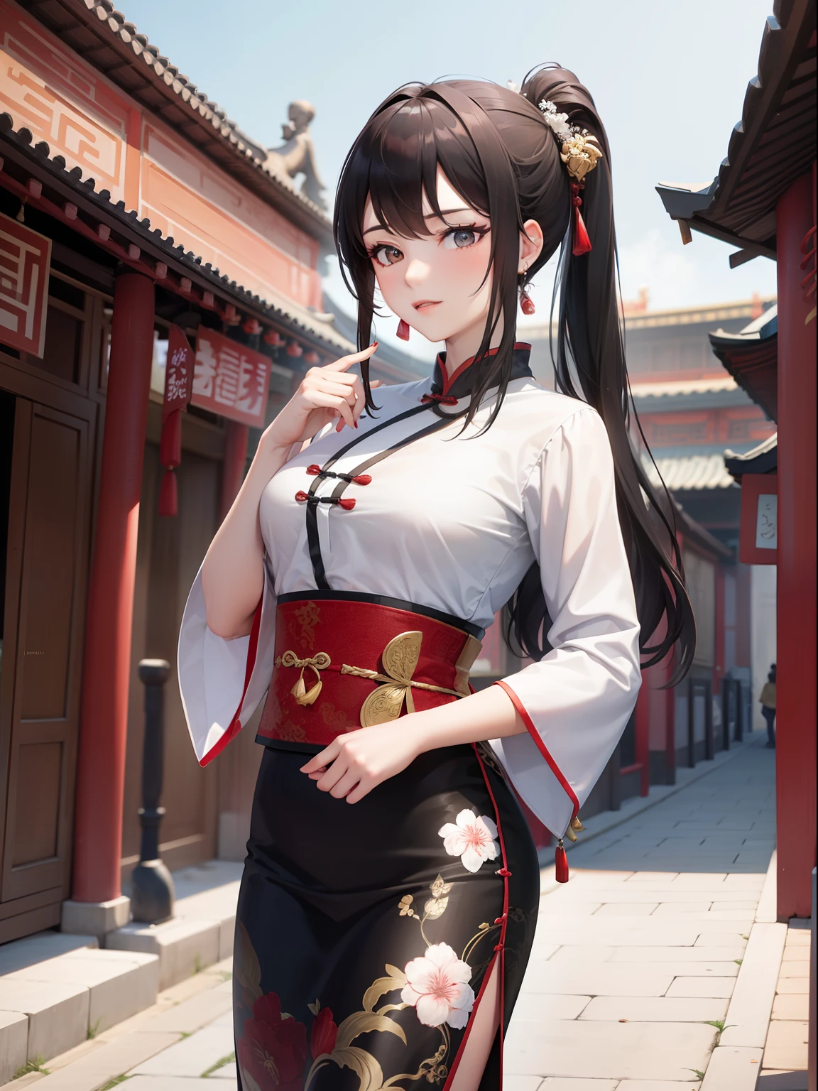 A beautiful woman from the Xia Dynasty in ancient China was wearing a white skirt, very elegant, smart and beautiful.