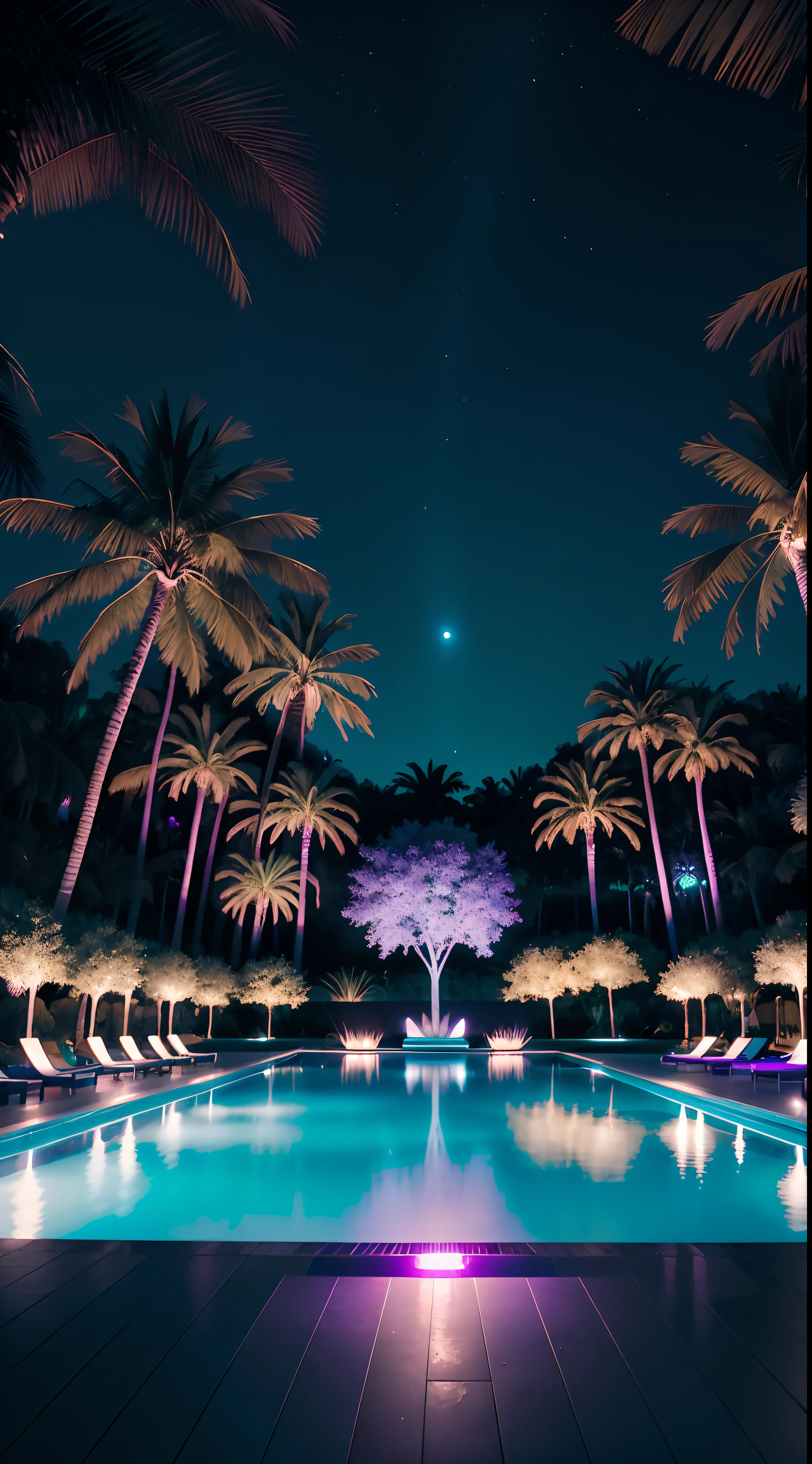 a long swimming pool surrounded by palm trees, illuminated pool, dream pool, infinity pool, reflective lavender ocean water, tropical pool, bright blue glowing water, iridescent shimmering pools, cool purple slate blue lighting, sit on the edge of swimming pool, purple and cyan lighting, infinity concentric pool, cool purple grey lighting, deep blue lighting, blue accent lighting