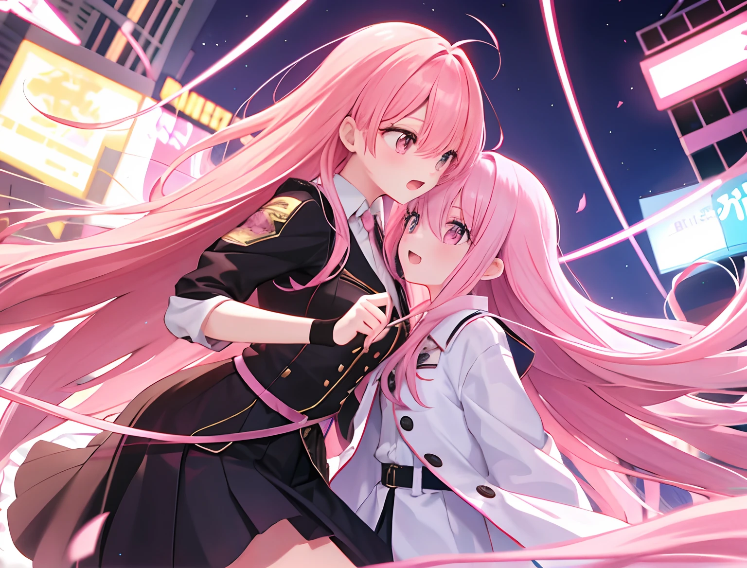 2girls,A pink-haired,long whitr hair,Playing,fights,contradict