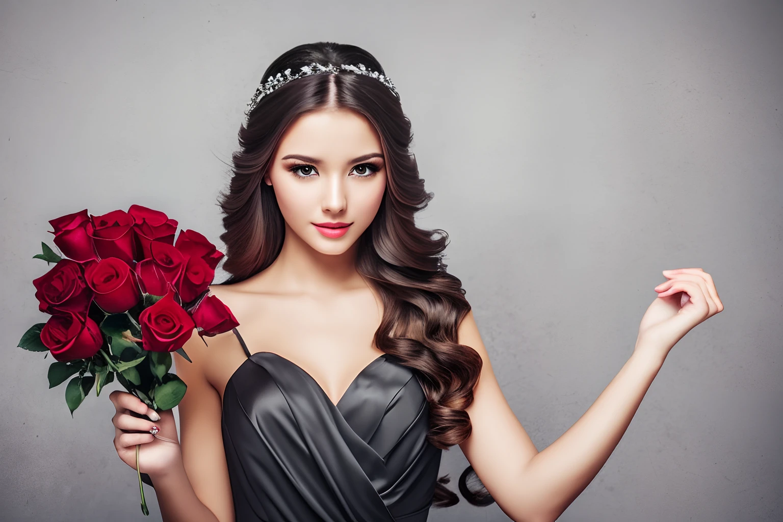 poster, Plain gray background, Beautiful girl of European appearance, Coiling hair, In the hands of long red roses, Stunning appearance