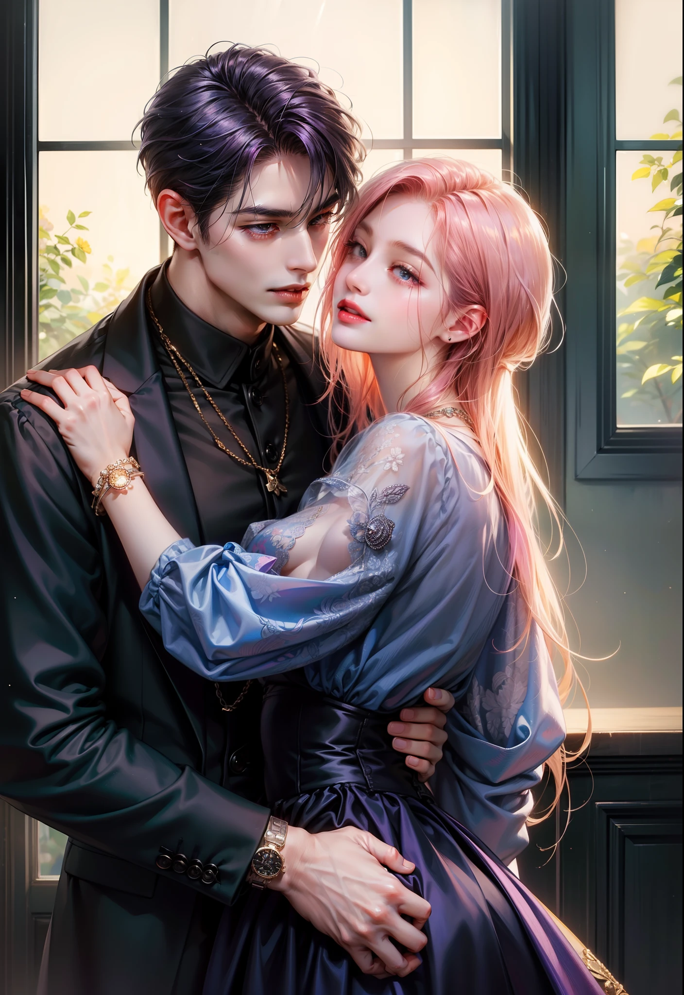 ​masterpiece, top-quality, 2Others, Male and female couples, 1 man and 1,, Adults, Height difference, different fashion, different color, finely eye and detailed face, intricate detailes, Casual clothing, Oversized shirt, Modern urban streets, Hands on back, A smile, Happiness, tenderness, high-level image quality、 beautiful male、tall、hug from behind、Trying to kiss、window、nightfall、nighttime scene、𝓡𝓸𝓶𝓪𝓷𝓽𝓲𝓬、Korean Male, Idol Photos, k pop, Professional Photos, Vampires, Korean fashion in black and white, By Fedman with a necklace, inspired by Sim Sa-jeong, androgynous vampire, :9 detailed face: 8, extra detailed face, detailed punk hair, ((asa)) baggy eyes, Seductive. Highly detailed, semi realistic anime, Vampires, hyperrealistic teen, delicate androgynous prince, imvu, short hair above the ears, Man with short hair, Woman with long hair, A man with a glaring expression and a woman with a gentle expression, With a short-haired man with bright purple hair, Woman with pretty long pink hair