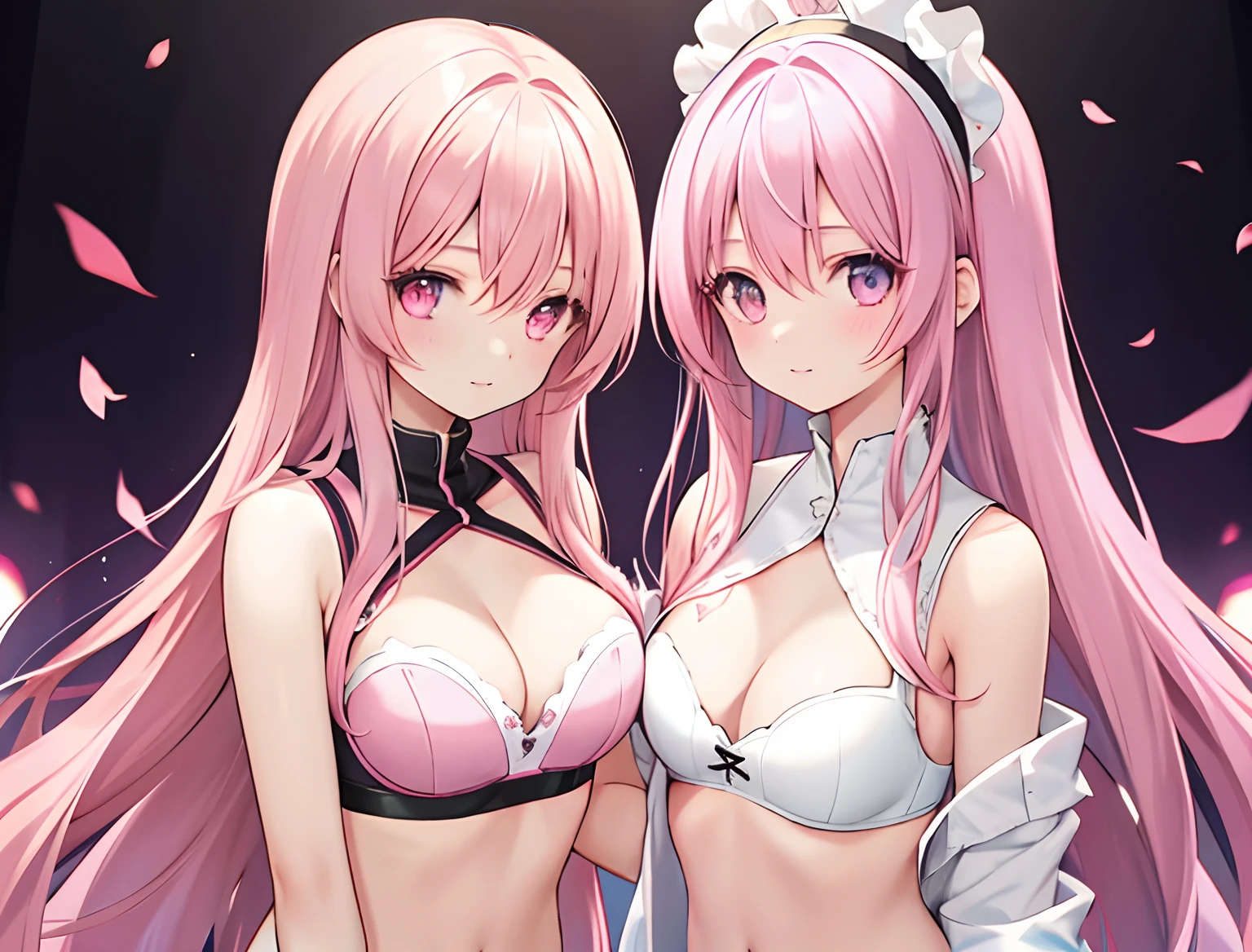 2girls,A pink-haired,long whitr hair,Chest thrust,mediuml breasts,Wear only a bra