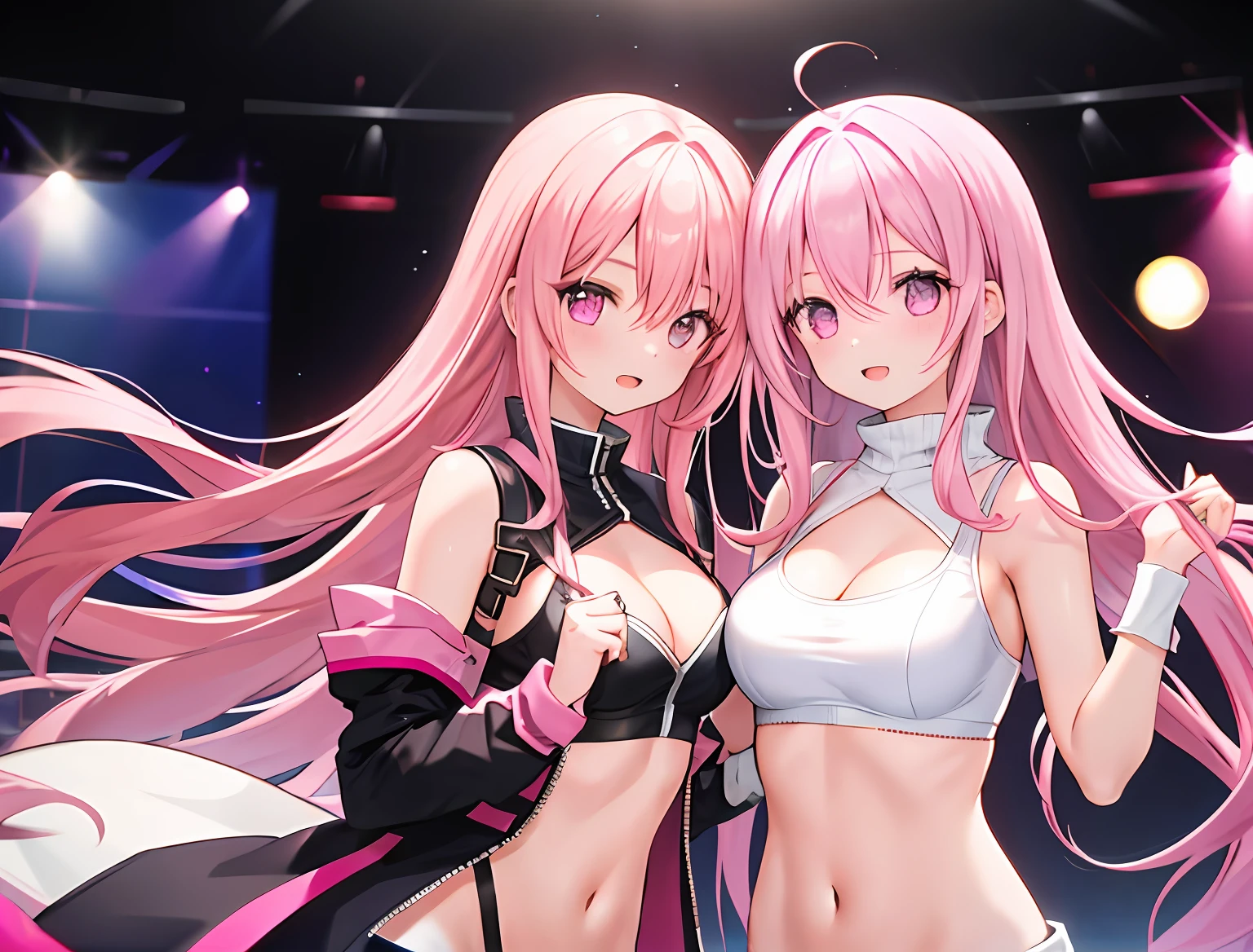 2girls，A pink-haired，long whitr hair，Chest thrust，mediuml breasts，Wear only a bra