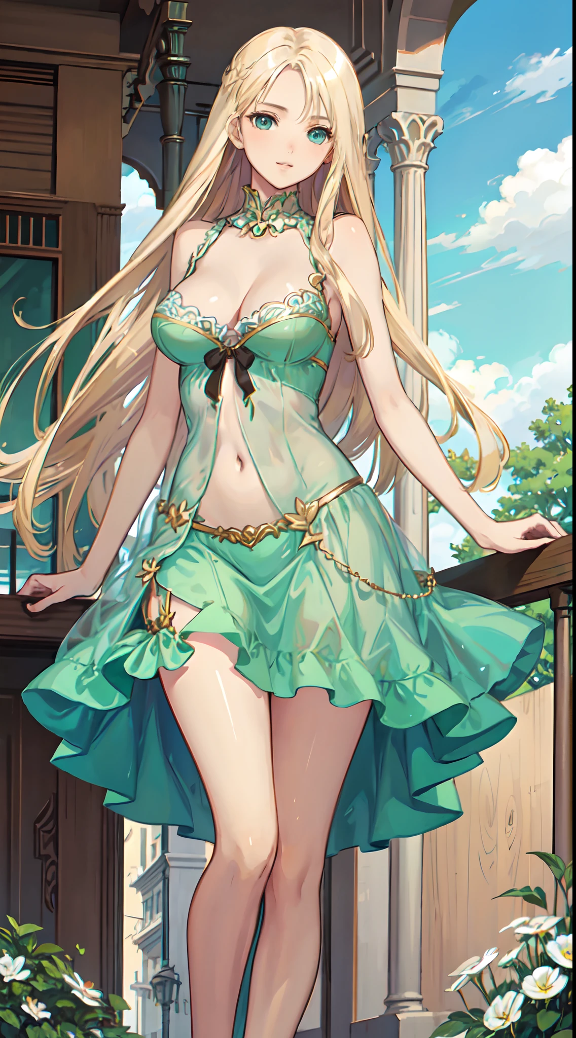 blonde hair, long hair, green eyes, green gown, short skirt, slim legs, navel, balcony, happy, cleavage