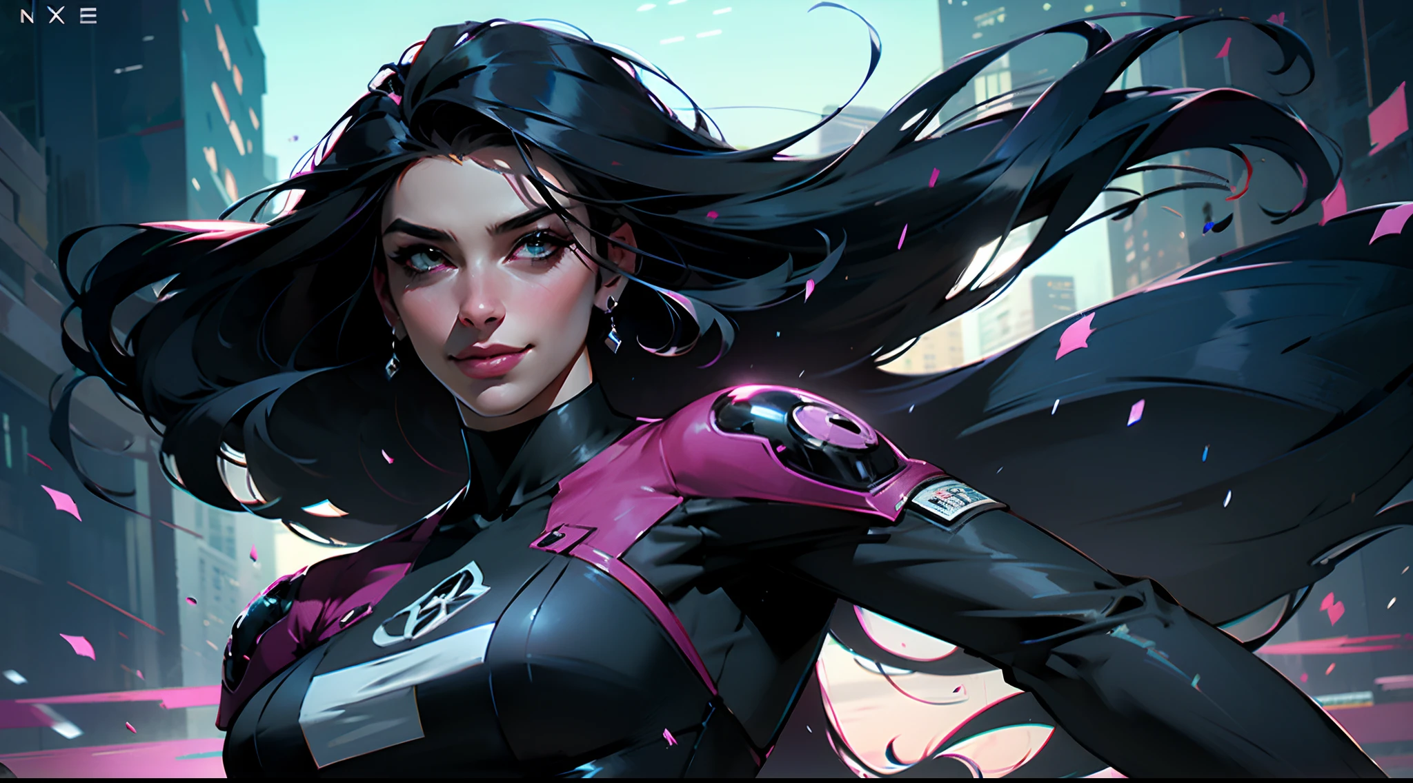Nijistyle, RFKTR_Tecnotrex, mulher linda, Arte Oficial, Unity 8k imagem de frente , Ultra Detalhado, handsome and aesthetic, obra-prima, melhor qualidade, realista,Beautiful woman smiling and waving forward with long hair fluttering from the wind , cabelo preto , Epic fabric , Uniforme cyberpunk