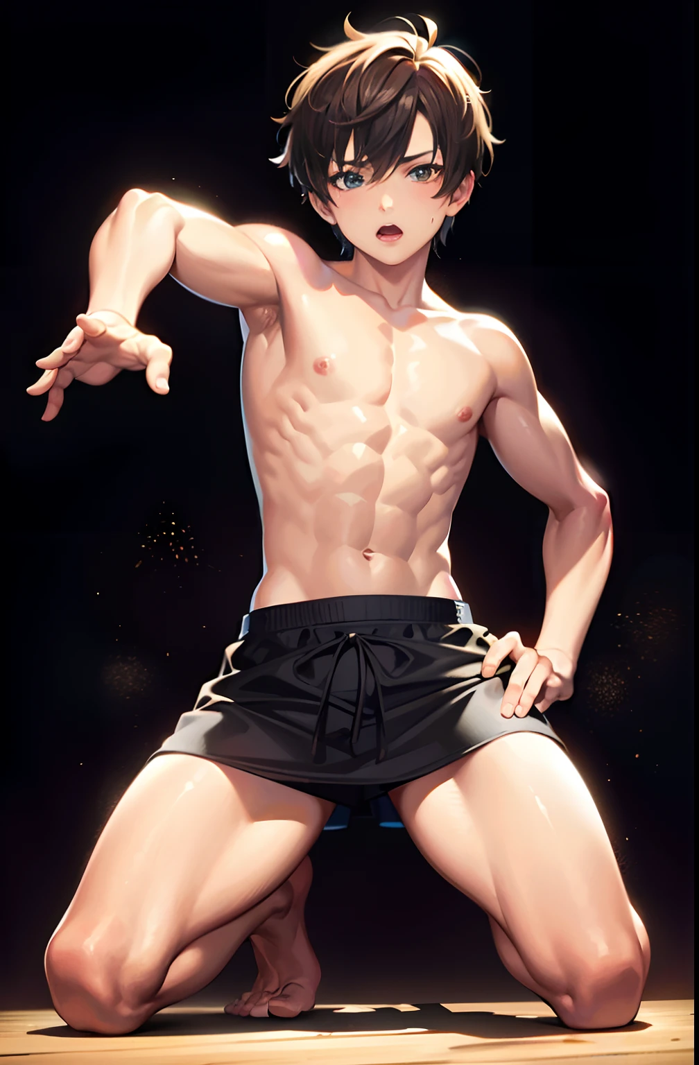 masterpiece, best quality, high quality,  1boy,10yo, kid, male focus, full body, looking at viewer, brown hair,spiky hairstyle, short hair, steam smork, japan style,  anime coloring, shy, home muji style, detailed face, , white towel on waist, pose boxing fighter