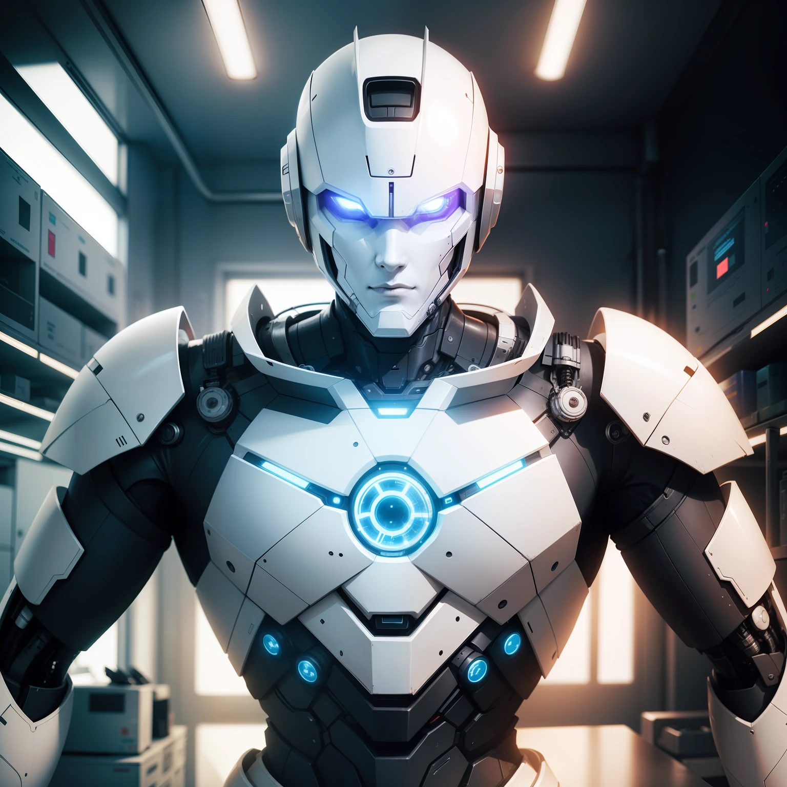 A beautiful white cybernetic robot man in the Cybernetics lab