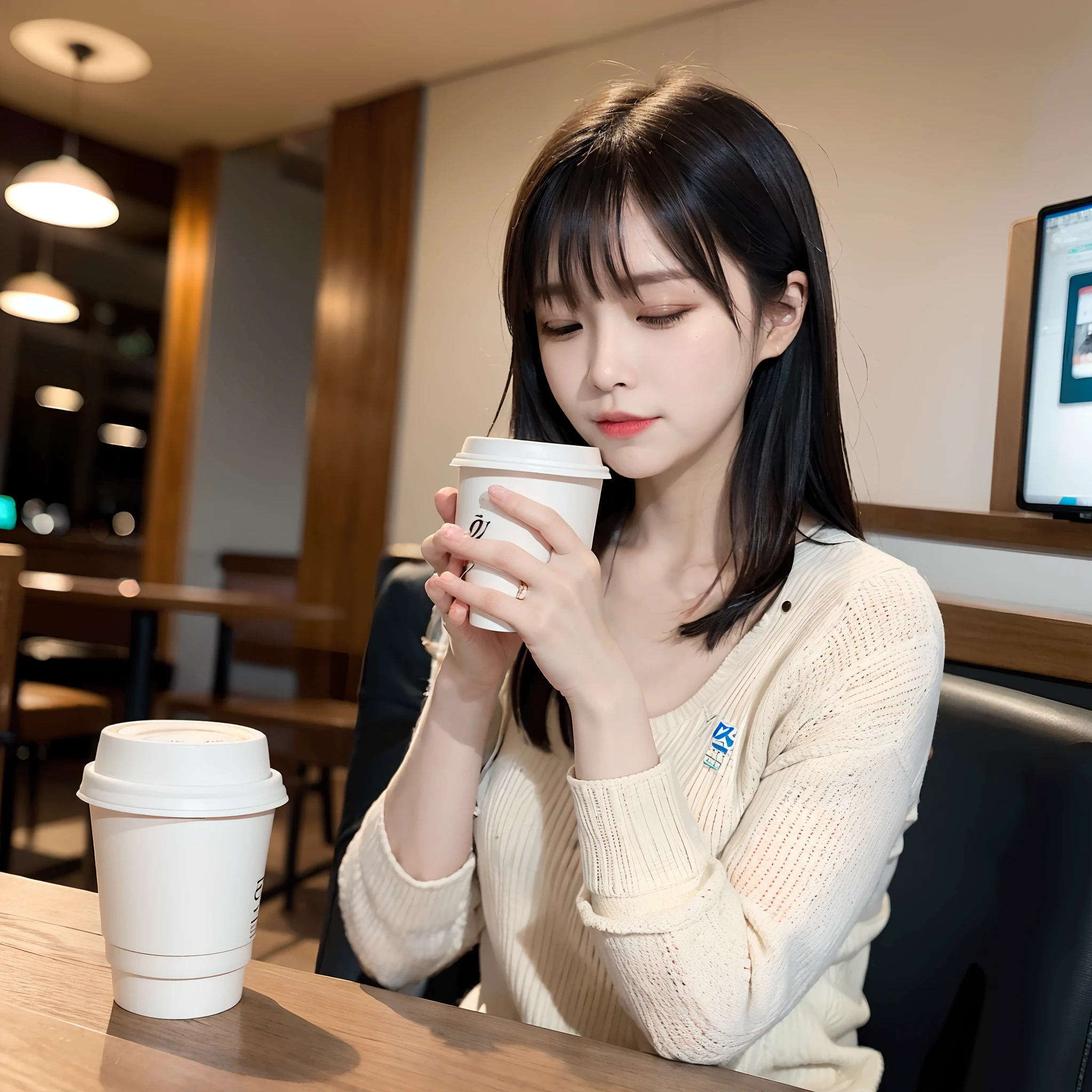 (((narcolepsy)))、Sleep while holding a coffee cup、Coffee spills out of coffee cup、Sitting at the table、1人の女性, Shot with Canon EOA 6 D Mark II, One lady, 25-years old、Drinking coffee, taken with canon 5d mk4, Photo taken with Nikon D 7 5 0, Photograph Taken on Nikon D750, photo taken with sony a7r, taken with canon eos 5 d mark iv, in coffee shop