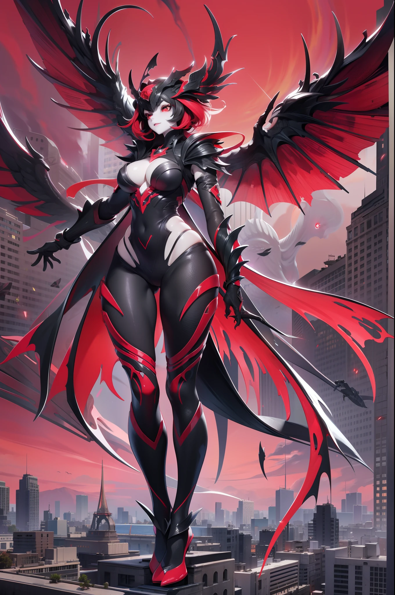 full body picture Unreal Engine 5 8K UHD of colossal female monster, white skin, holes on body, have 3 wings, fantasy design, red sky with demonic eyes, destroy the city, using red magic, best quality, masterpiece