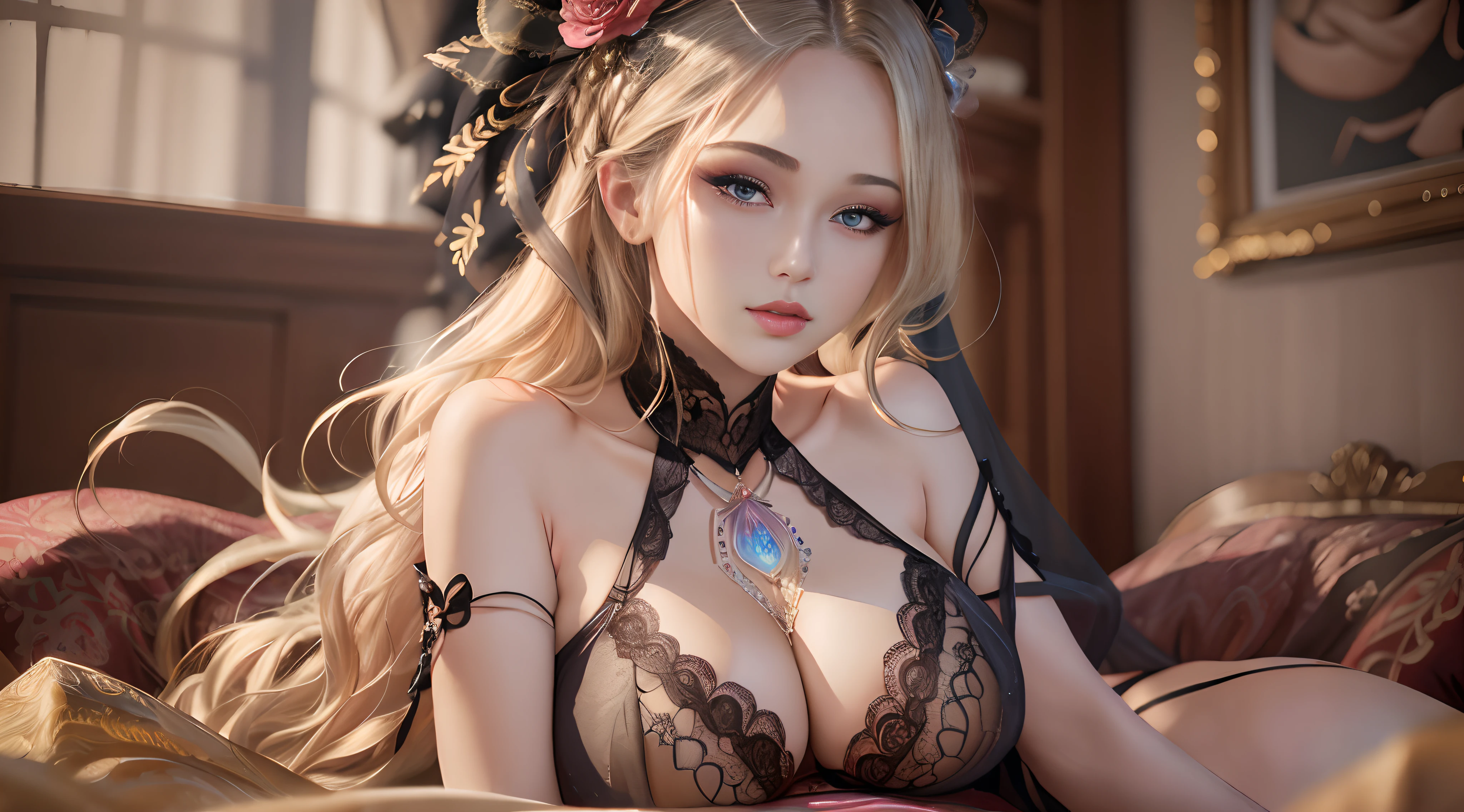 (((masterpiece))), ((best quality)), detailed, solo, 1girl, (((alex grey))) blonde ,18 years, black lingerie, stockings, seductive pose, ((big breast)), (big cleavage), (nice hips), (narrow waist ) (looking at viewer:2), absurdly long hair, long eyelashes, eyeshadow, small face, big eyes,bare shoulders, high contrast,ultra-high-definition, outstanding details, 8K, Blush face, attractive collarbone, sexy shoulders, blushing cheeks, nikon z9, 30mm lens, sharp focused face, f/4, iso 200, shutter 1/250, beauty light, medium shot, raw ,intricately detailed, award winning photograph, good contrast, high sharpness, facial symmetry, bokeh, ultra-detailed