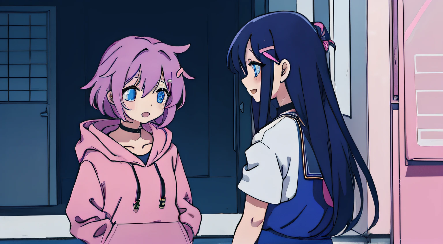 2 anime girls, 1 anime girl with long navy blue hair, blue skirt, talking to a 2 anime girl with short pink hair pink hoodie choker hairclip