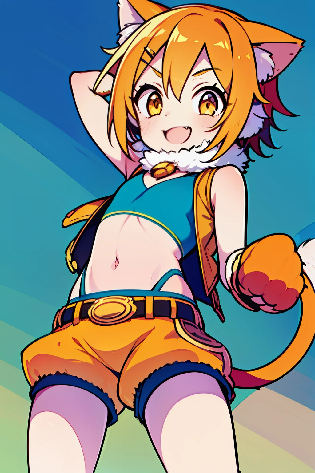 orange hair, short hair, orange eyes, girl with cat ears, green bandeau, light orange shorts, light brown small vest,belt, cat paw gloves, high quality, top quality, town, city, western castle, blue sky, smile, cute, :d