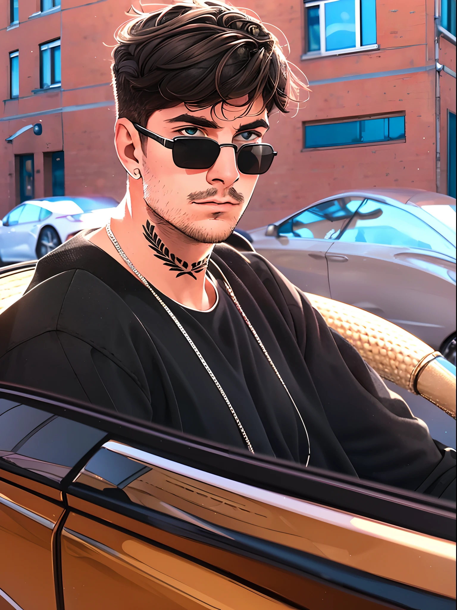 masterpiece, best quality, a photograph taken from canvas of A 22-year-old Artho Becker, gorgeous, attractive, neck, black sweatshirt, (bad boy) (short hair) (light brown hair), ((black sunglasses)) passing down the street in a BMW, he's driving and looking directly at his love who's on the sidewalk, staring him back. The portrait was taken from the sidewalk