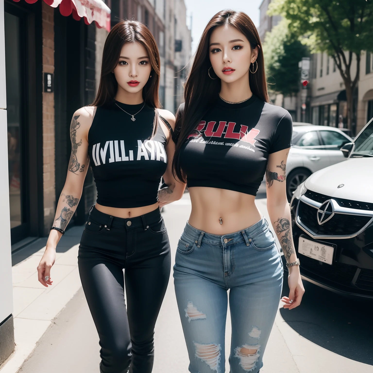 realistic, High resolution, 1 female, mature woman, alone, hip up, jewelry, tattoo, streetwear, T-shirt, gray hair, hot pants,  sports boos