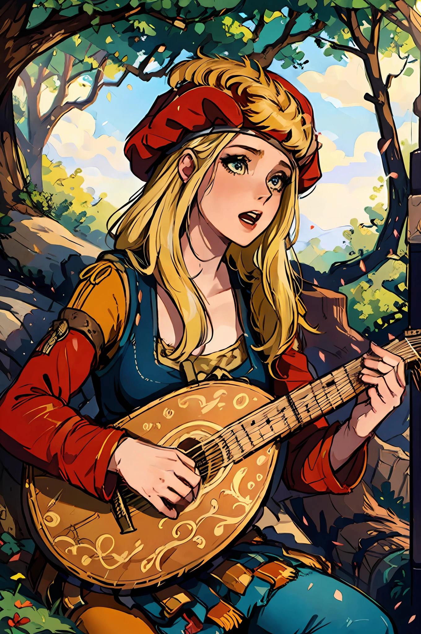 the essence of a beautiful female bard with meticulous attention to detail, this scene portrays a solo enchantress with cascading long hair, an open mouth singing tales of old. Her blonde hair shimmers beneath a charming red hat as she sits gracefully upon a rustic tree stump, fingers gracefully strumming a lute, weaving melodies that stir the soul