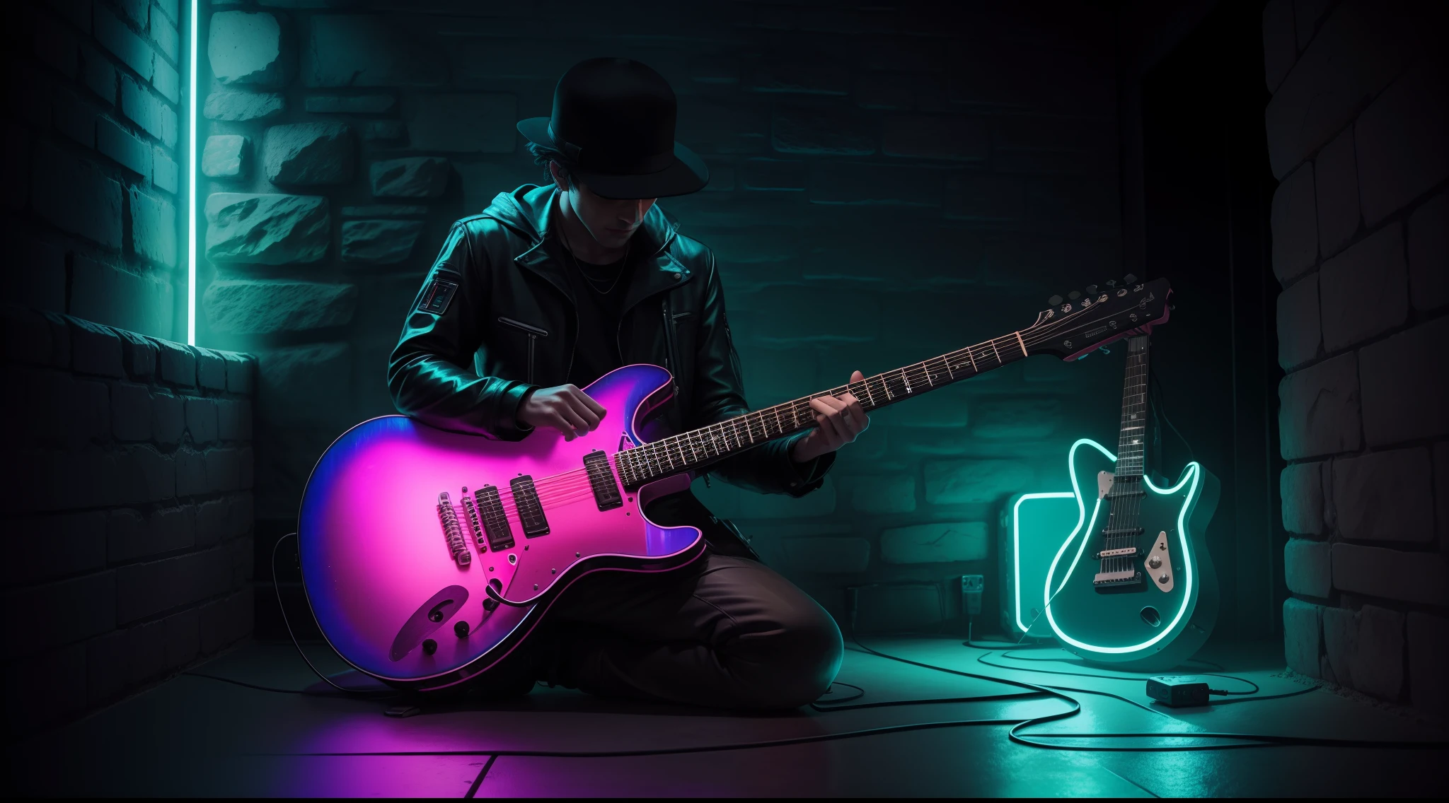 Tuned Neon: Transport yourself to a cyberpunk setting where an electric guitar comes to life amid a weathered stone wall. Vibrant neon colors intertwine with the metallic reflections of the guitar, creating an electrifying atmosphere. In this realistic image, every detail of the guitar, from the lighted circuits to the gleaming strings, is accurately captured. The stone wall serves as a reminder of the past, while the guitar transports us to a future where music and technology merge in a visually captivating symphony.