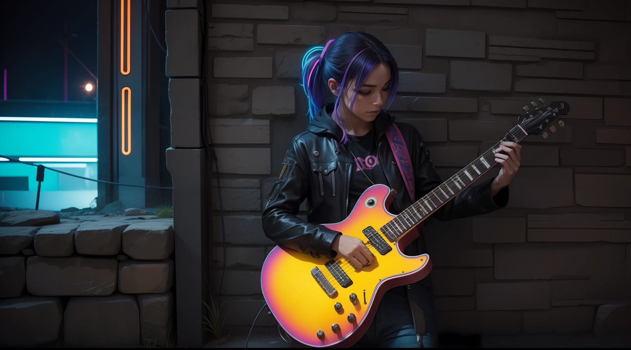 Neon Sintonizado: Transport yourself to a cyberpunk setting where an electric guitar comes to life amid a weathered stone wall. Vibrant neon colors intertwine with the metallic reflections of the guitar, criando uma atmosfera eletrizante. Nesta imagem realista, Every detail of the guitar, from illuminated circuits to gleaming strings, is captured accurately. The stone wall serves as a reminder of the past, while the guitar transports us to a future where music and technology merge into a visually captivating symphony.