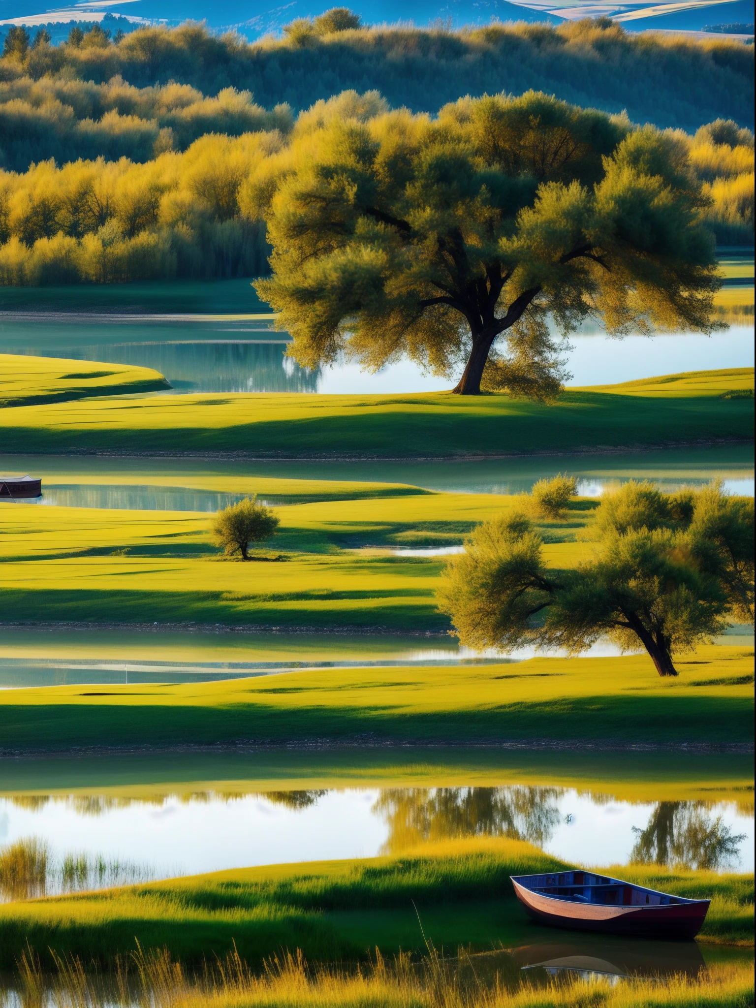 in the early morning,On the steppe,The tree,mont,lake,Clear,small boats,beautiful natural places,k hd
