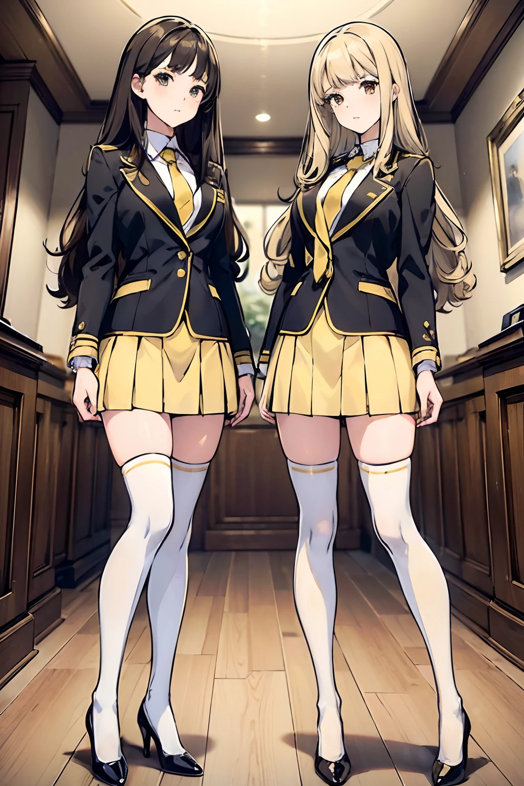 (((Stretch your legs and rotate your hips)))、((Shiny underwear)))、Uniform Blazer、Beautiful beauty、Long golden hair、((whole body))、(((Photo taken from below)))、school gate、Large Breastini skirt、Panties are blue lace、Japanese、expensive、Long limbs、Hairstyle Twin tails