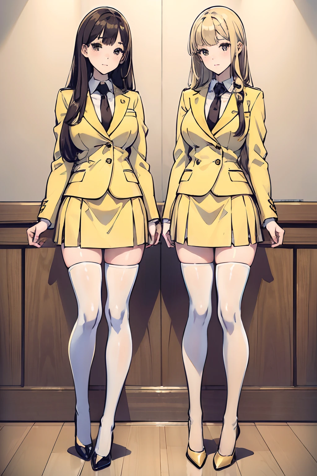 ((masterpiece, best quality, 8k, highres:1.2)), yellow school uniform, highleg, hazel eyes, yellow blazer, neckties, medium breasts, yellow pencil skirt, white thighhighs, white thighhigh socks, black high heels, (curly hair, long hair, one brown haired sister, one blonde sister), (2girls, duo, twins, clones), ((matching hairstyles, different hair color, matching faces, matching outfits)), full body