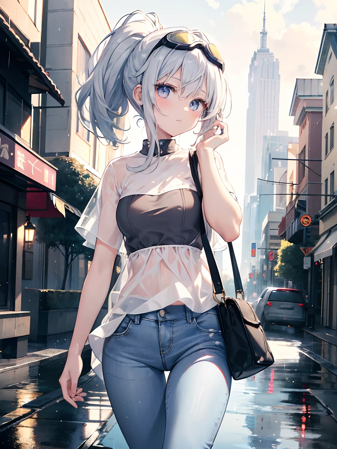 Exquisite masterpiece, best quality, illustration style, an anime girl with a curly ponytail, beautiful eyes, summer, white short-sleeved hem blown by the wind, jeans, blue-purple gradient goggles, small, heartwarming, youthful and beautiful, heroic and sassy, black and white matching, gray hair, showing a natural casual style. The dynamic posture contains the golden section, large aperture portrait, white space, strong contrast between light and shadow, super texture, super clear and concise picture, presenting extremely beautiful, elegant temperament, delicate facial expressions, city background, rainy days, road area water reflection