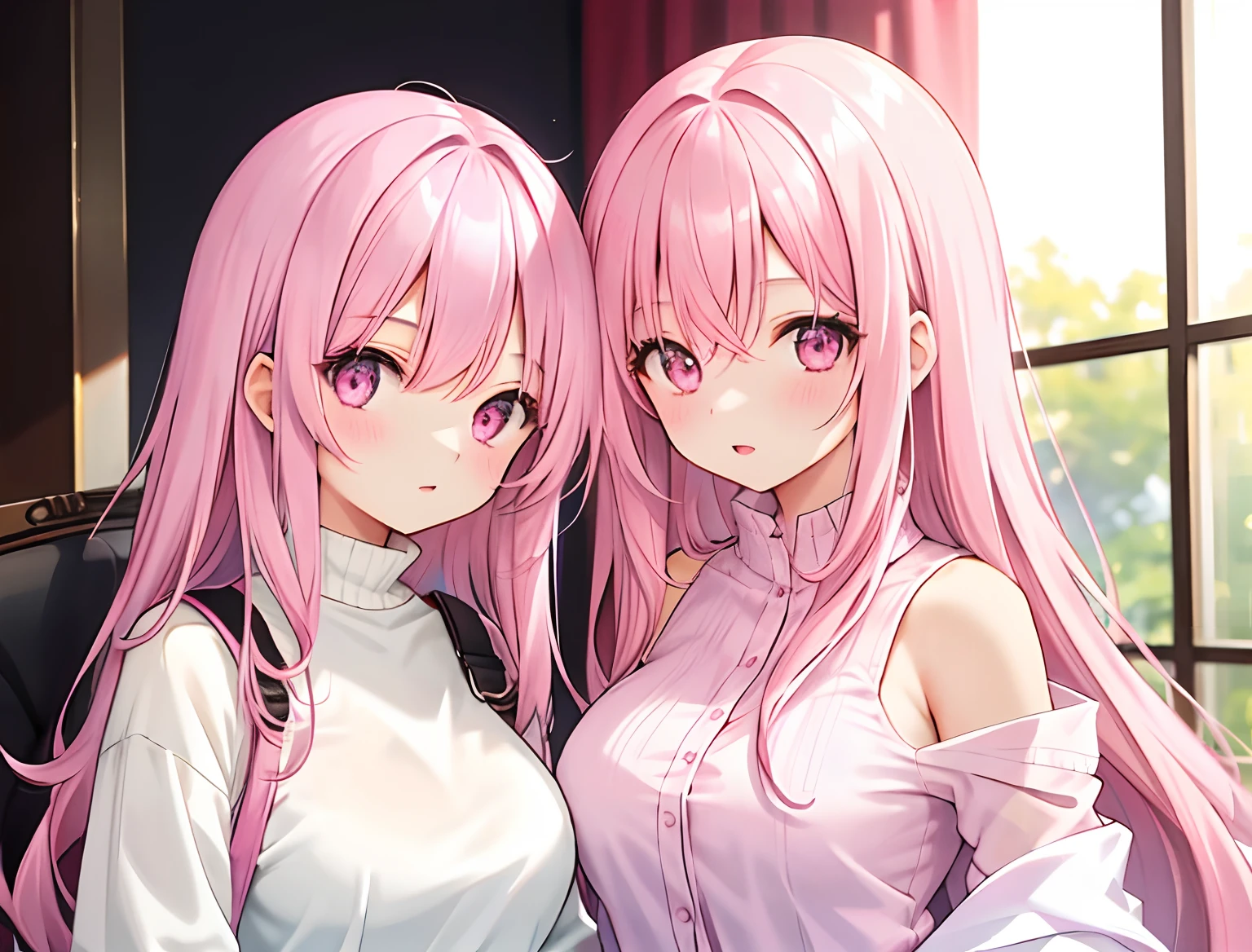 2girls,Girl1:,adolable,A pink-haired,long whitr hair,girl 2:A pink-haired,long whitr hair,Touch each other's chests
