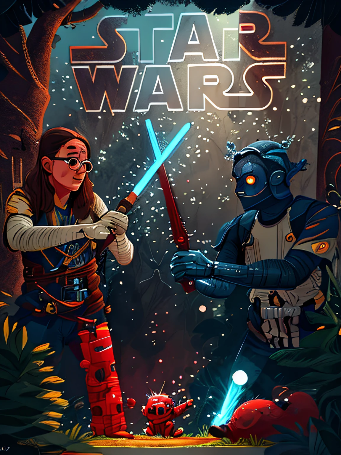 Duelo de sabres de luz, sabre Azul contra sabre Vermelho, o bem contra o mal, they are equipped with Star Wars costumes, In the background image there is a beautiful futuristic landscape, there are robots near them