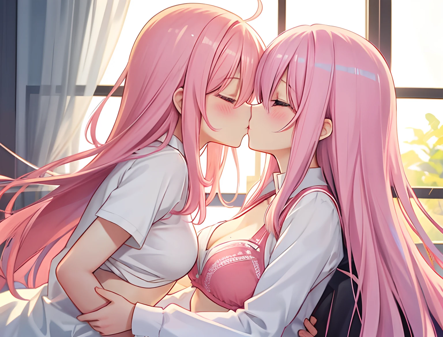 2girls,A pink-haired,long whitr hair,mediuml breasts,Wear only a bra,Kiss and cuddle