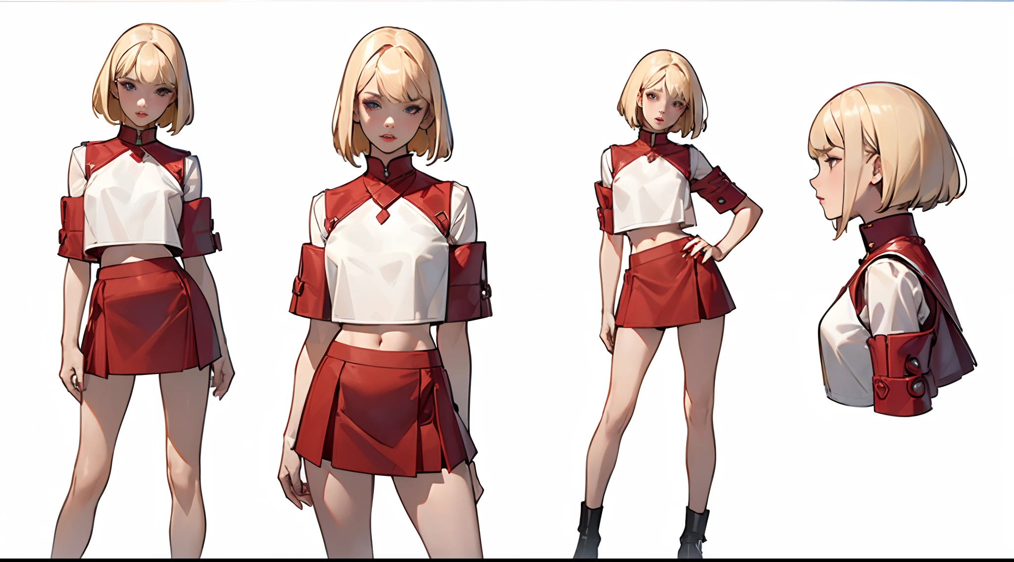 ((Best Quality)), ((Masterpiece)), ((Realistic)) 21 year old, blonde girl, choppy long wixie haircut, full lips, ((red short skirt)) ((asymmetric white crop top)) detailed character sheet, frontal view, side view, three quarter view, 7 heads full body, sexy, hot, white background