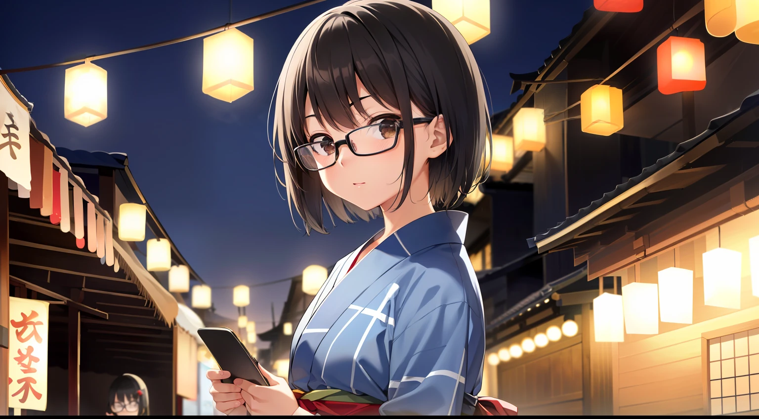 (masutepiece, Best Quality, Capture super cute moments, depth of fields, ultra-detailliert, Ultra High Resolution, C4D, Octadale, 3D Modeling, 8K, 16 K, girl with、a junior high school student、A dark-haired、short-hair、straight haired、Light brown eyes、hair adornments、wearing black glasses、cute face)、Cute light blue Japan yukata、Geta、matsuri、Tekiya、food stand
