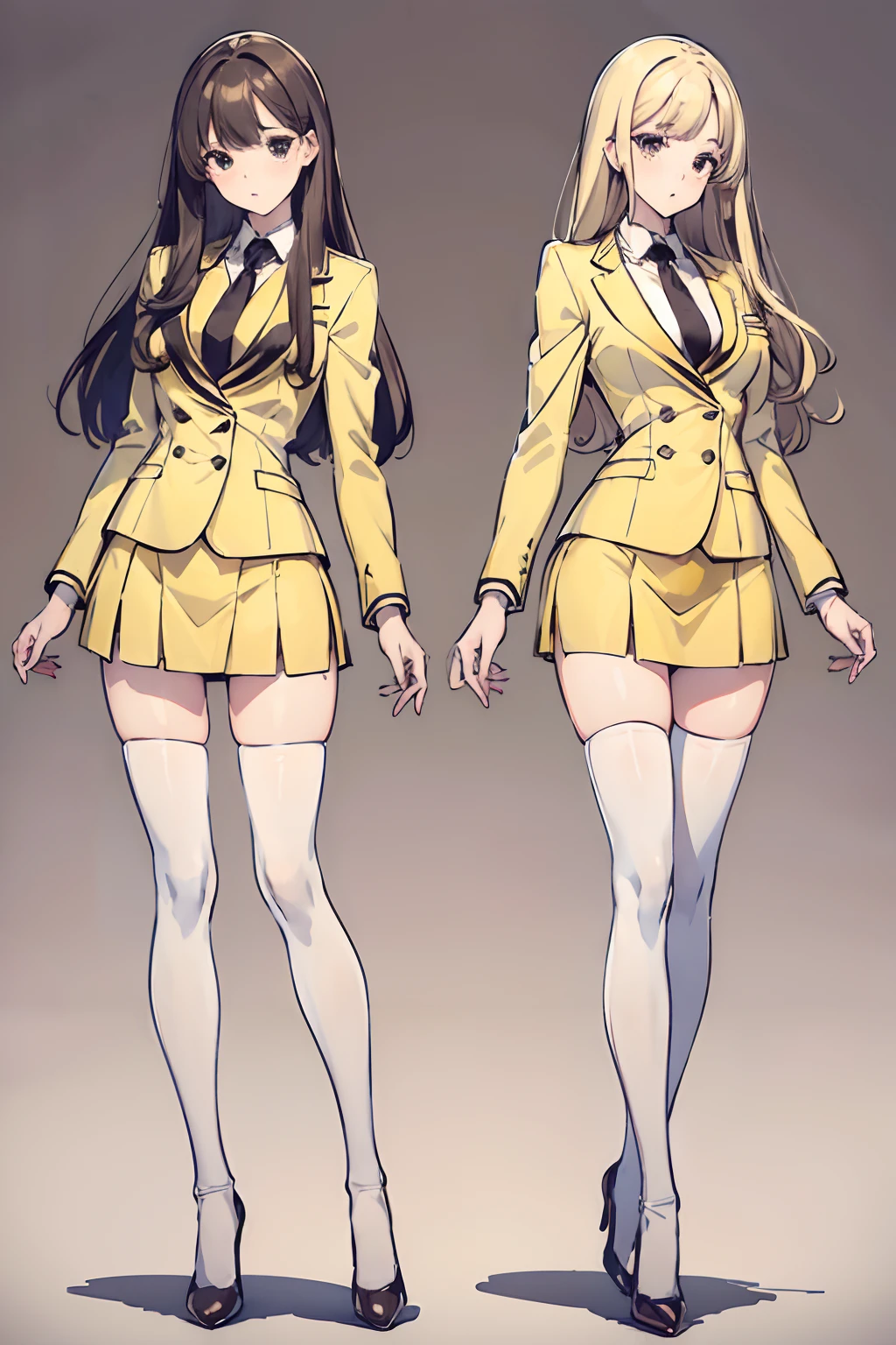 ((masterpiece, best quality, 8k, highres:1.2)), yellow skirt suit, highleg, hazel eyes, yellow blazer, neckties, medium breasts, yellow pencil skirt, white thighhighs, white thighhigh socks, black high heels, (curly hair, long hair, one brown haired sister, one blonde sister), (2girls, duo, twins, clones), ((matching hairstyles, different hair color, matching faces, matching outfits)), full body