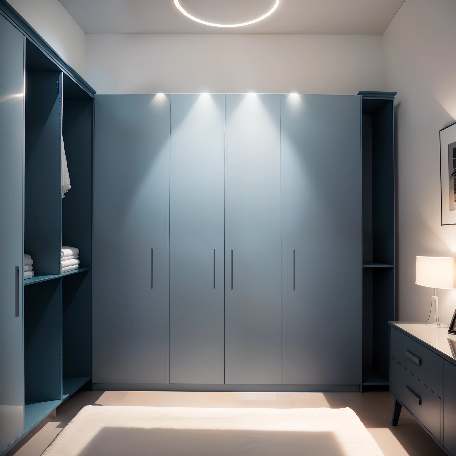 Quarto, Design Criativo, bespoke furniture L-shaped wardrobe in essential secret blue MDF. ultra qualidade, melhor qualidade, 4k, minimalismo, estilo luxo, Uplighting, moderno.