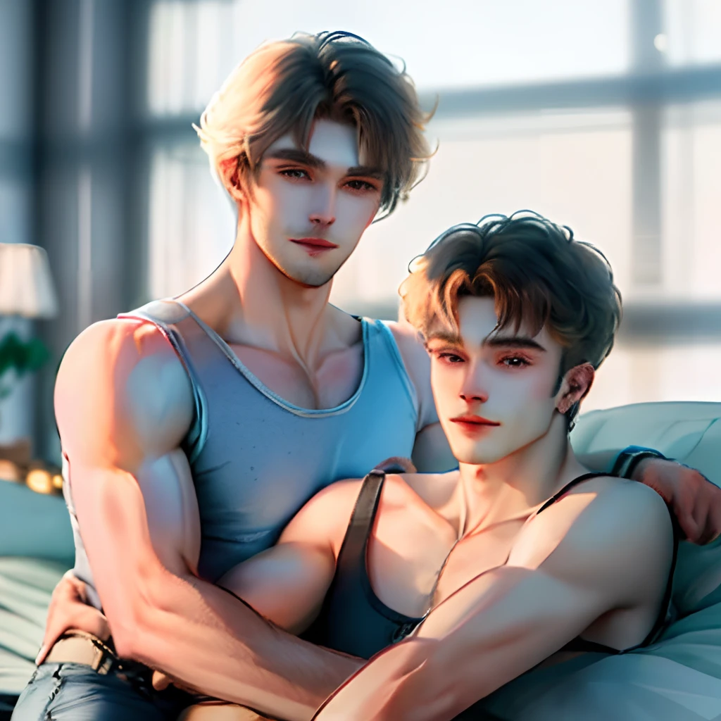 Two men，homosexuality，bareness，tmasterpiece，top-quality，Two men，AS-Adult，Lie down and drink，Tall muscles，Handsome and delicate eyes，intricately details，Riman，ssmile，aesthetics，𝓡𝓸𝓶𝓪𝓷𝓽𝓲𝓬，dream magical