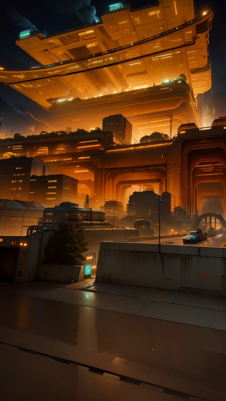 sci-fi cyberpunk city, bridges, deep ravine rift in the middle, terraced streets, reactors, breeder, oil refinery, cars, sunny days, industrial architecture, masterpiece, best quality, high detial, hyper realistic