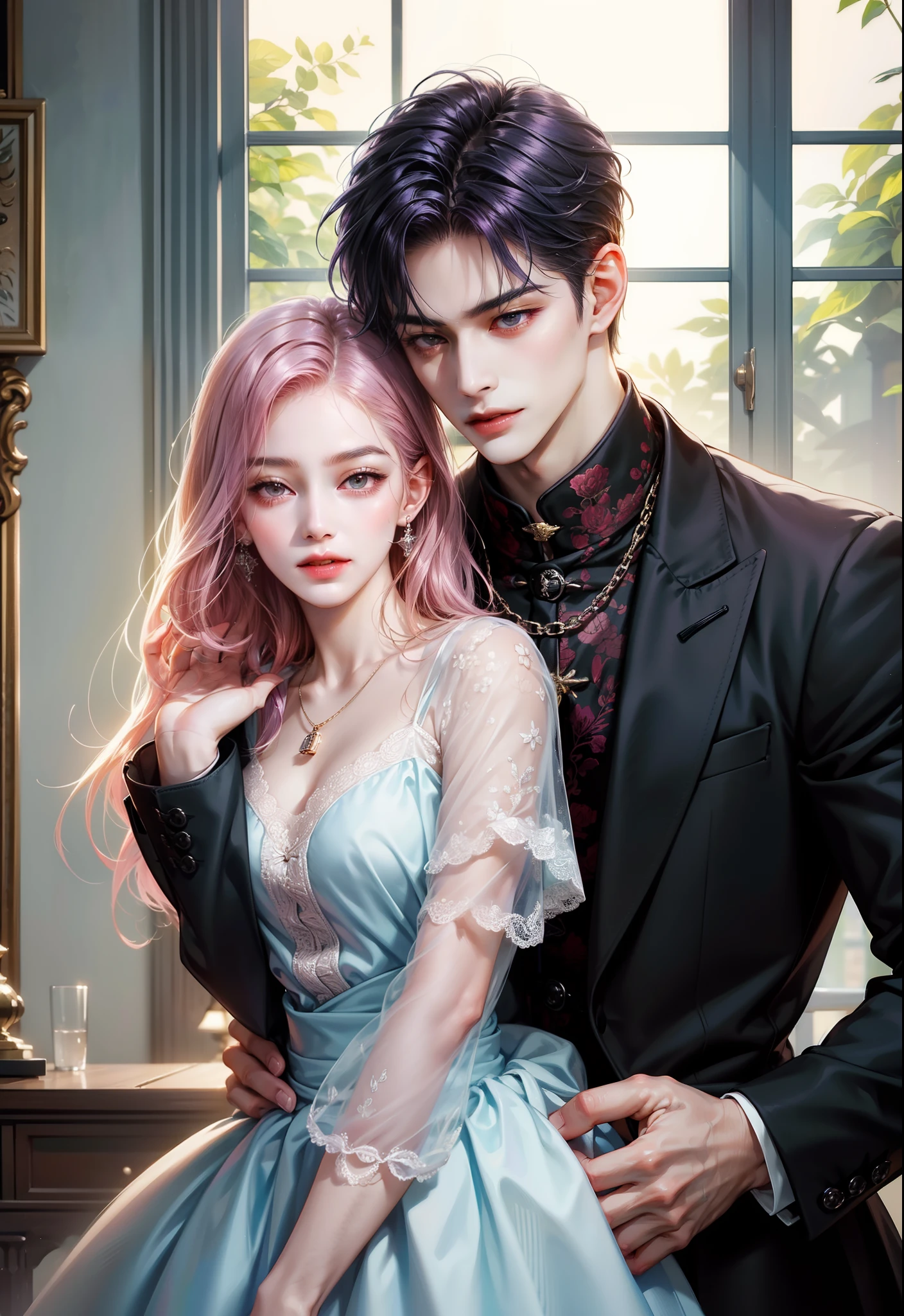 masterpiece, top-quality, 2Others, Male and female couples, 1 man and 1,, Adults, Height difference, different fashion, different color, finely eye and detailed face, intricate detailes, Casual clothing, Oversized shirt, Modern urban streets, Hands on back, A smile, Happiness, tenderness, high-level image quality、 beautiful male、tall、hug from behind、Trying to kiss、window、nightfall、nighttime scene、𝓡𝓸𝓶𝓪𝓷𝓽𝓲𝓬、Korean Male, Idol Photos, k pop, Professional Photos, Vampires, Korean fashion in black and white, By Fedman with a necklace, inspired by Sim Sa-jeong, androgynous vampire, :9 detailed face: 8, extra detailed face, detailed punk hair, ((asa)) baggy eyes, Seductive. Highly detailed, semi realistic anime, Vampires, hyperrealistic teen, delicate androgynous prince, imvu, short hair above the ears, Man with short hair, Woman with long hair, A man with a glaring expression and a woman with a gentle expression, With a short-haired man with bright purple hair, Woman with pretty long pink hair