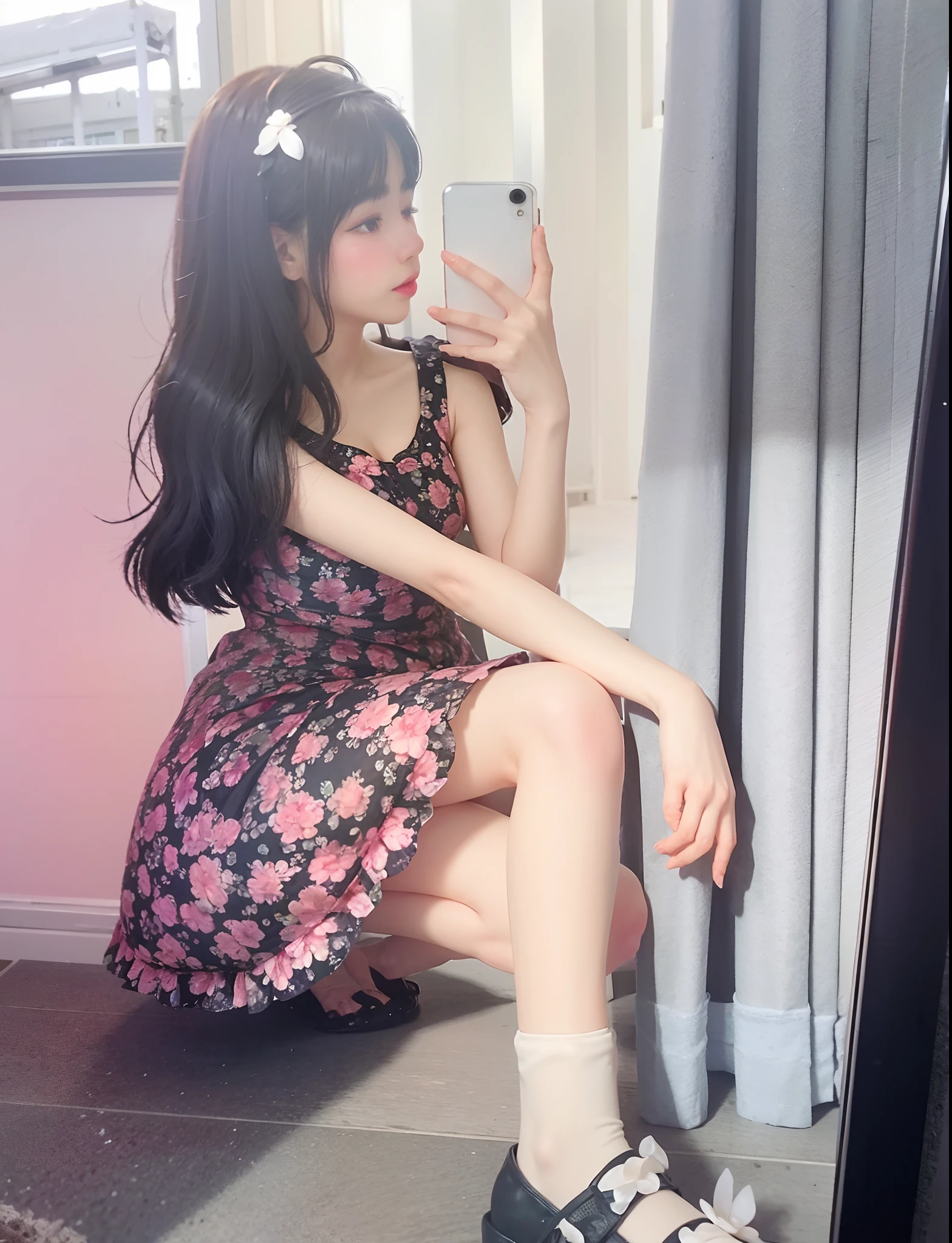 12 year old asian girl with long black hair, round face, purple flower long dress, dancing in cartoon castle with a white cat lying on its side