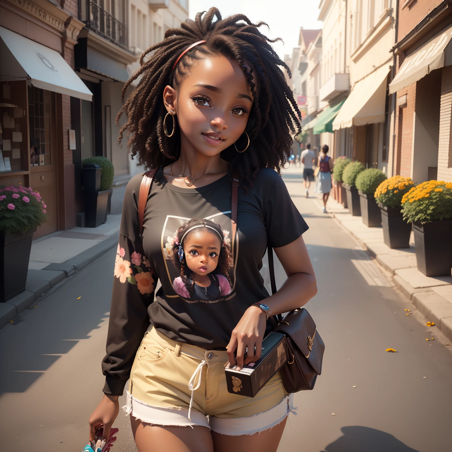 3D girl style realistic portrait of 9 african girl in africa ((Dark brown complexion)) in a city street, posed for photo, with headphone, singing ((Game cartoon)), adorable smile, ((with flowers)), wearing a tshirt (((No printing))), Orange and jeans, Current fashion shoes, Extra-long curls, ((Carnecaron)), with flowers, (Film contour lighting), Close-up, product-view, Detailed facial details, perfect face, Sharpness, Trend Art, Sharp facial details, CGSesociety, High-quality digital art, Exquisite ultra-details, 4K, 3D, 8K, chibiStyle, gentle illumination, Fantastic fashion