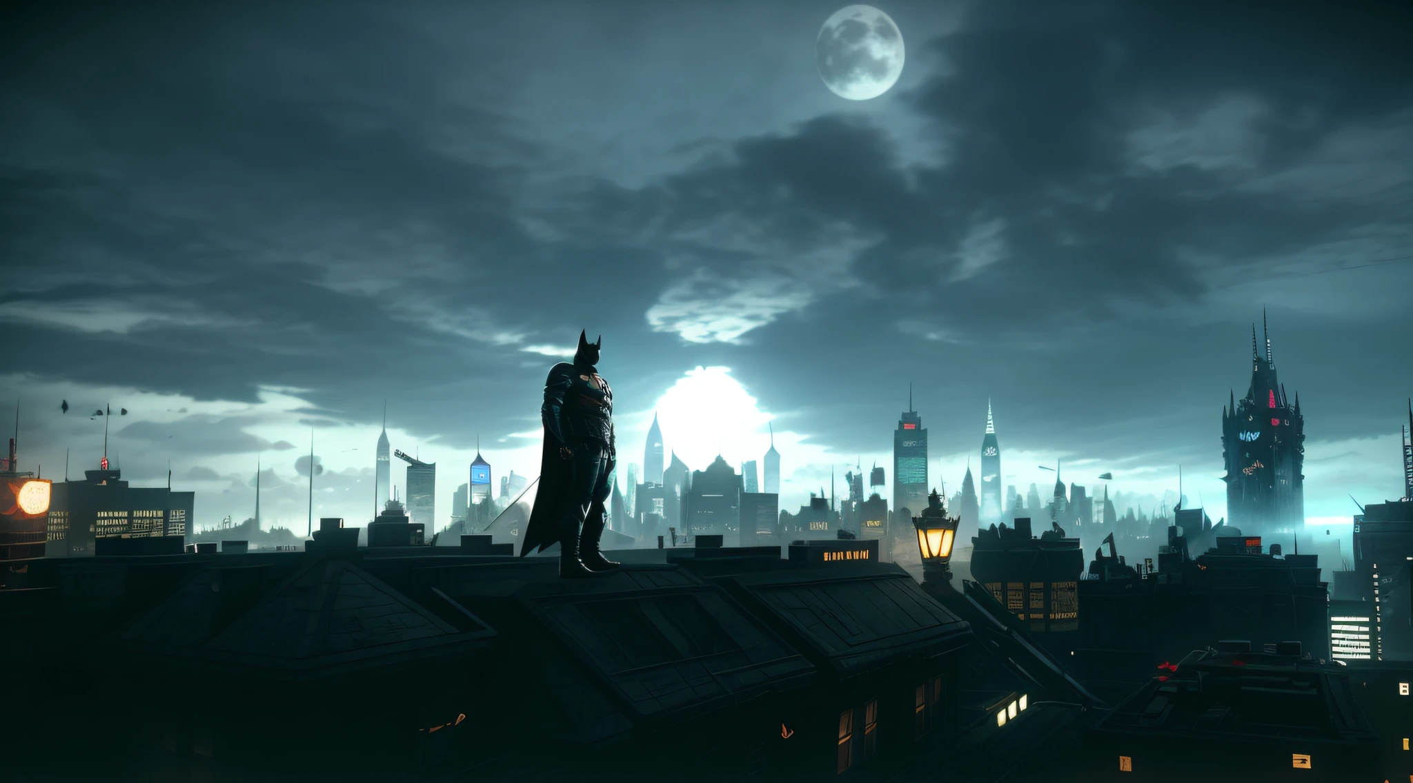 dolman, arkham knight, Standing on the rooftop at night overlooking the city skyline, nighttime in gotham city, in batman : arkham knight, in batman movie still cinematic, Beautiful and cinematic lighting, Gotham City, gotham city background, cinematic lighting”, cinematic lighting”, gotham setting, film still of batman, hd 4k game screenshot, video game screenshot>, Gotham, from movie batman, Gotham City Industry